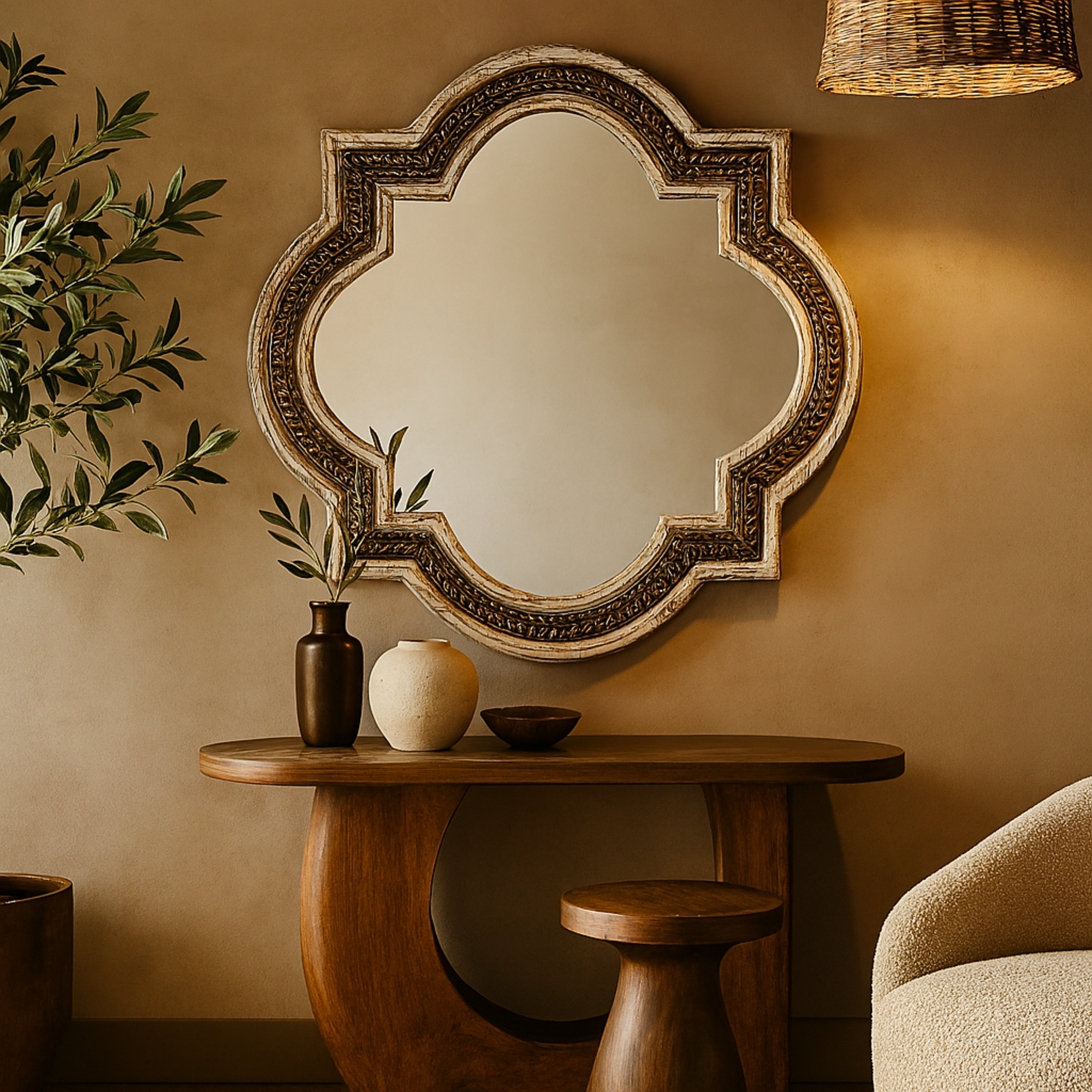 White Wood Quatrefoil Room Wall Mirror