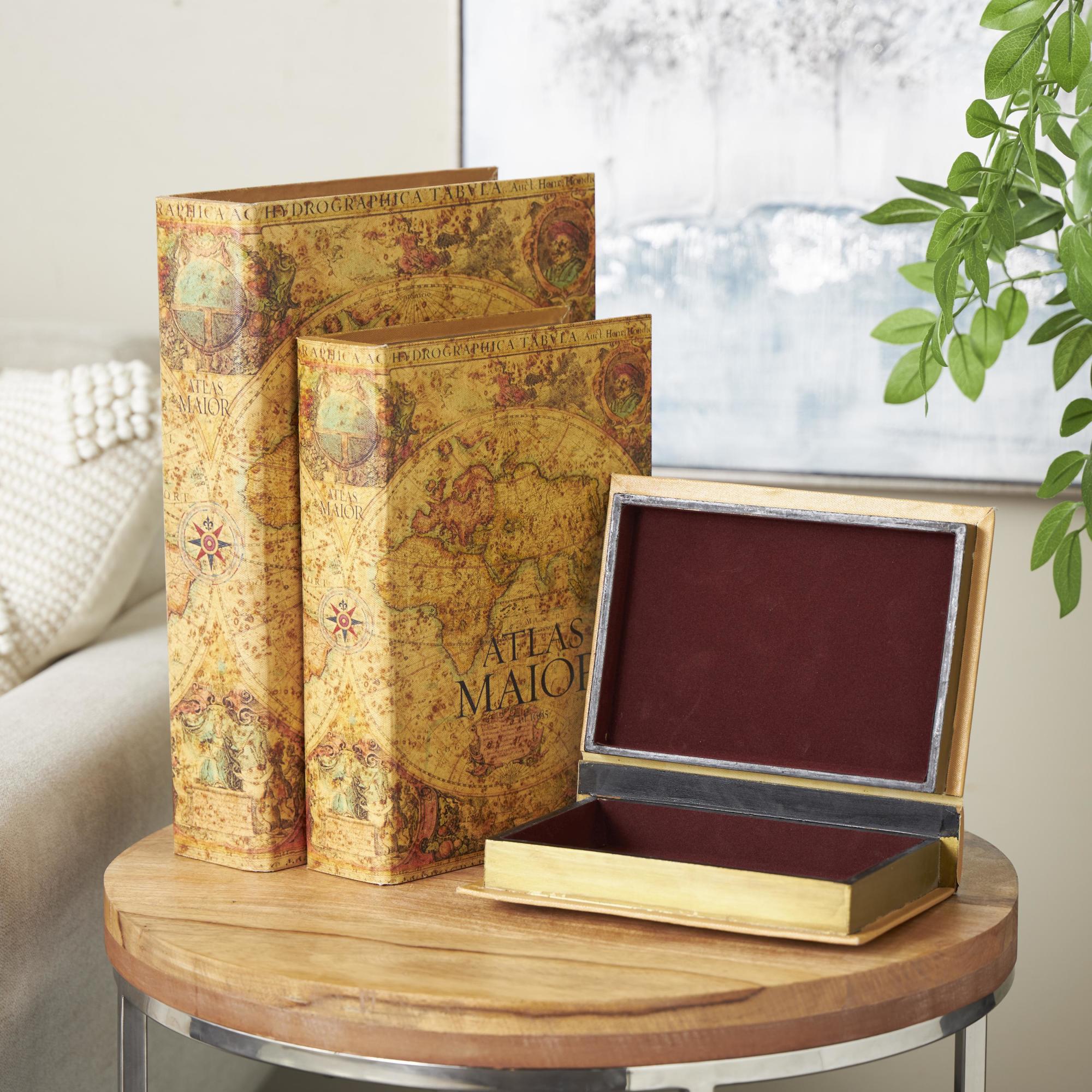 Set of 3 World Map Brown Faux Leather Faux Book Storage Decorative Box with Green and Orange Accents