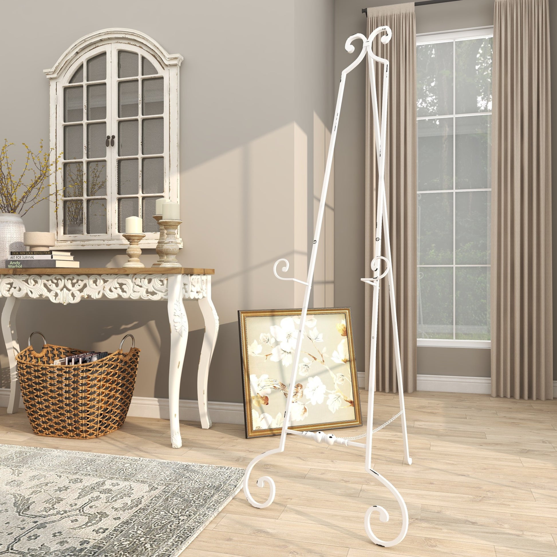 Scroll White Metal Tall Adjustable Floor 3 Tier Display Easel