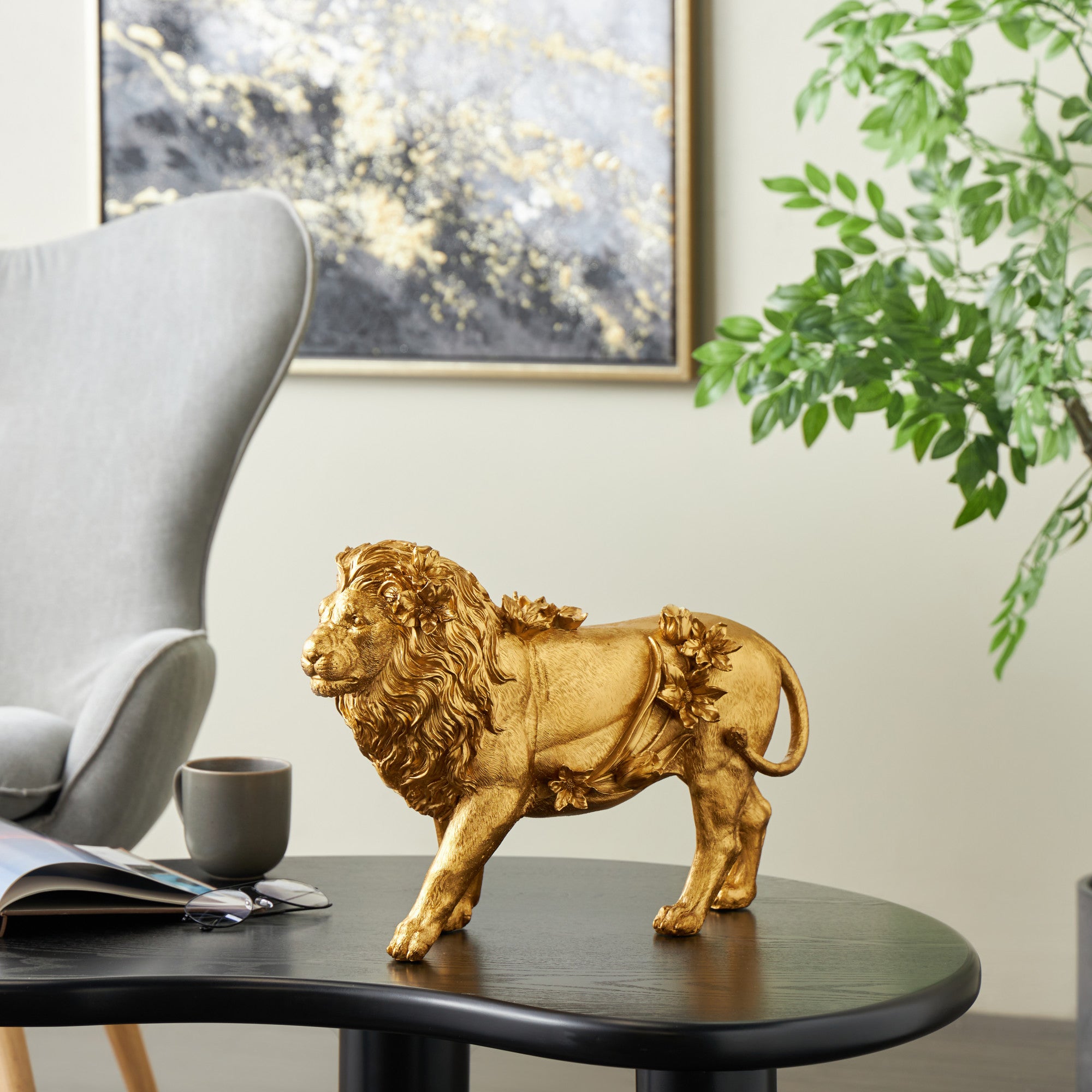 Lion Gold Resin Walking Decorative Sculpture with Floral Accents