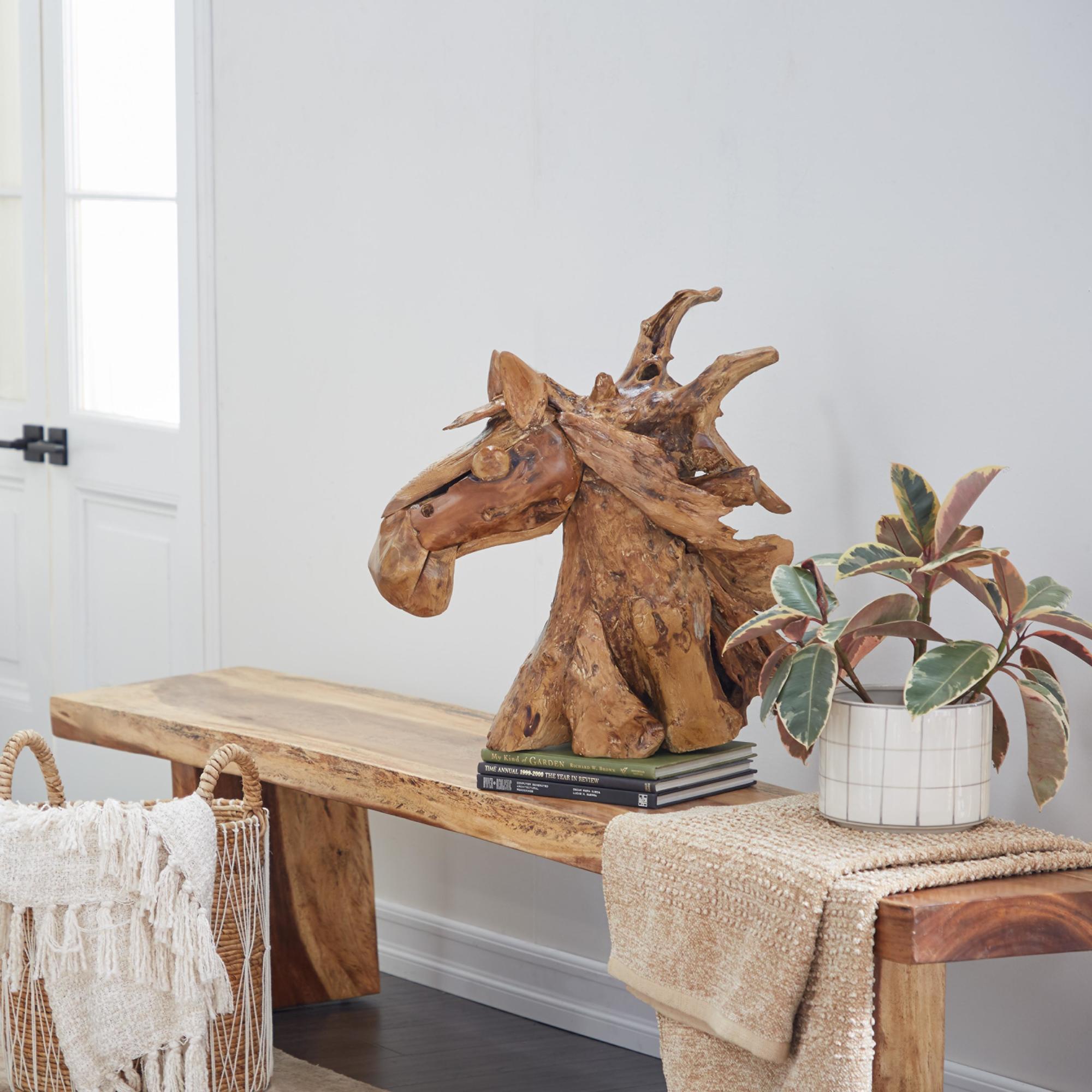 Horse Brown Teak Wood Handmade Decorative Sculpture