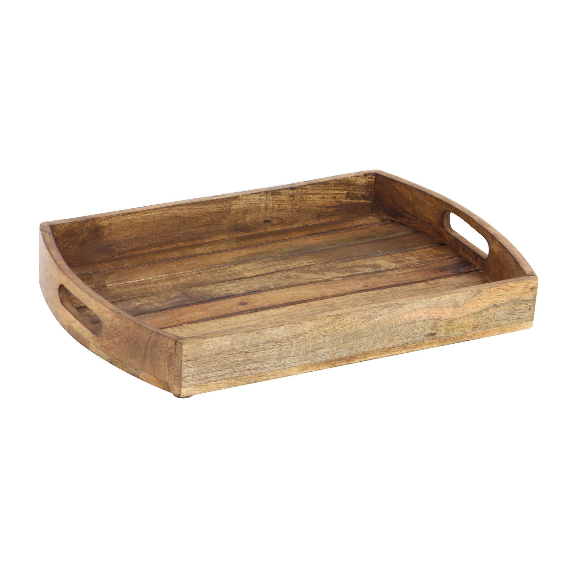 Set of 3 Light Brown Mango Wood Living Room Decor Tray with Slot Handles