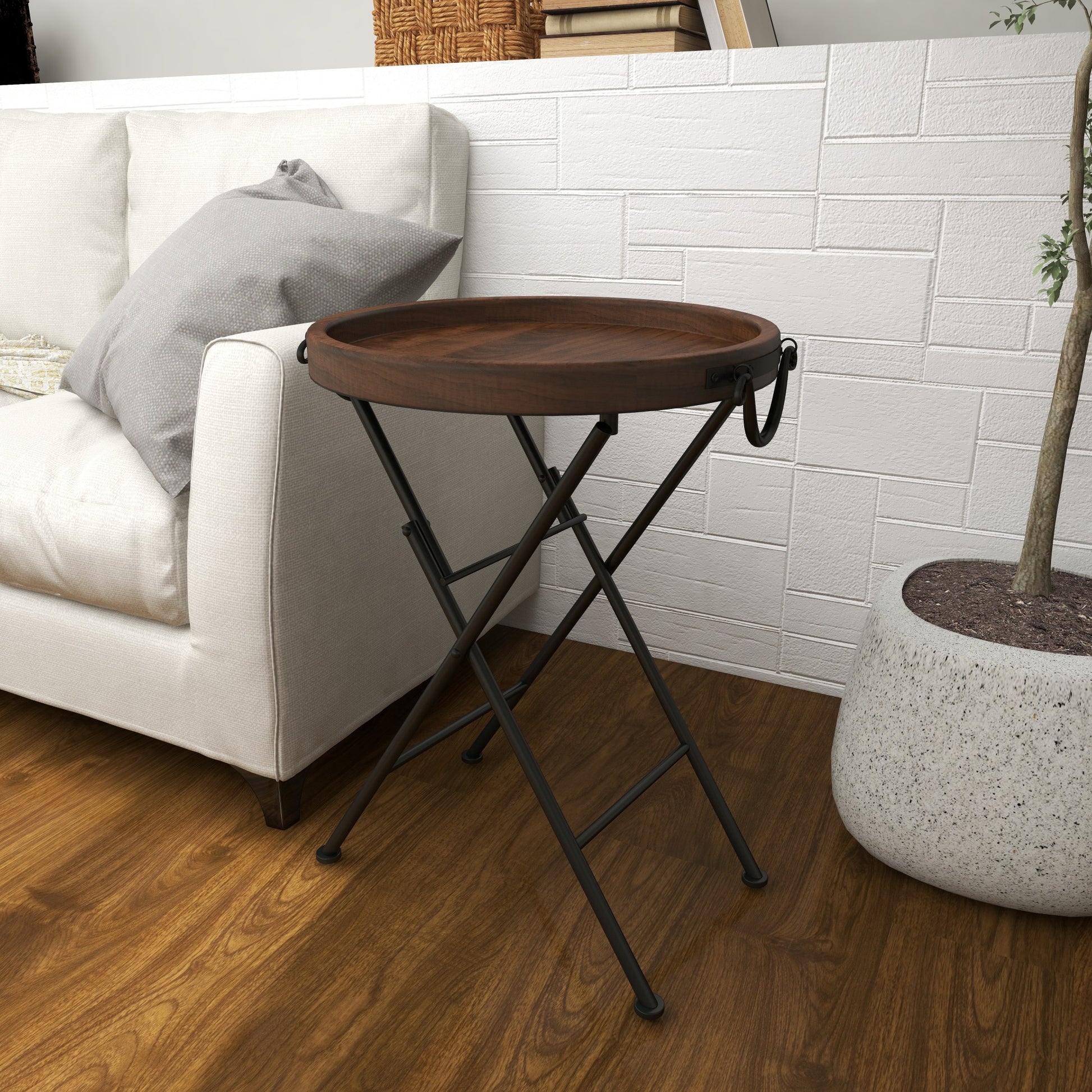 Black Metal Side End Accent Table with Brown Wood Top