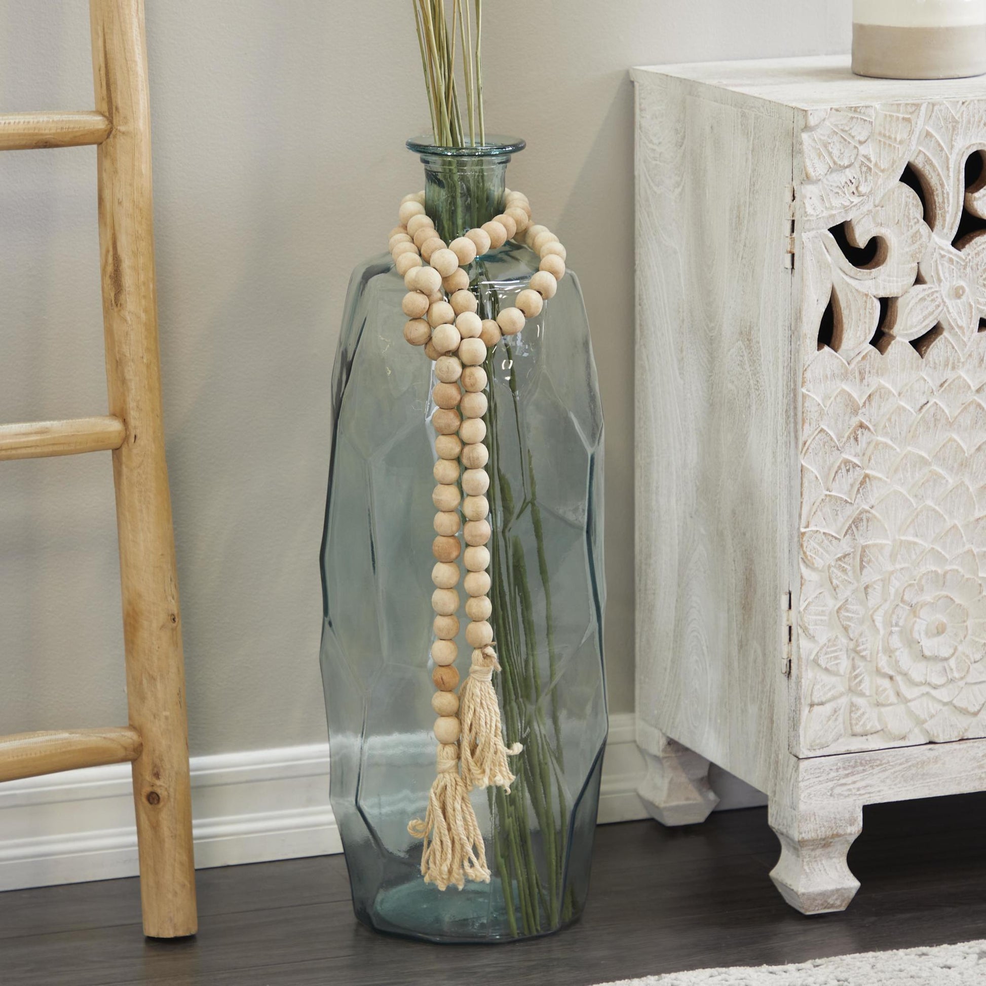 Mango Wood Handmade Round Long Carved Beaded Garland with Tassel
