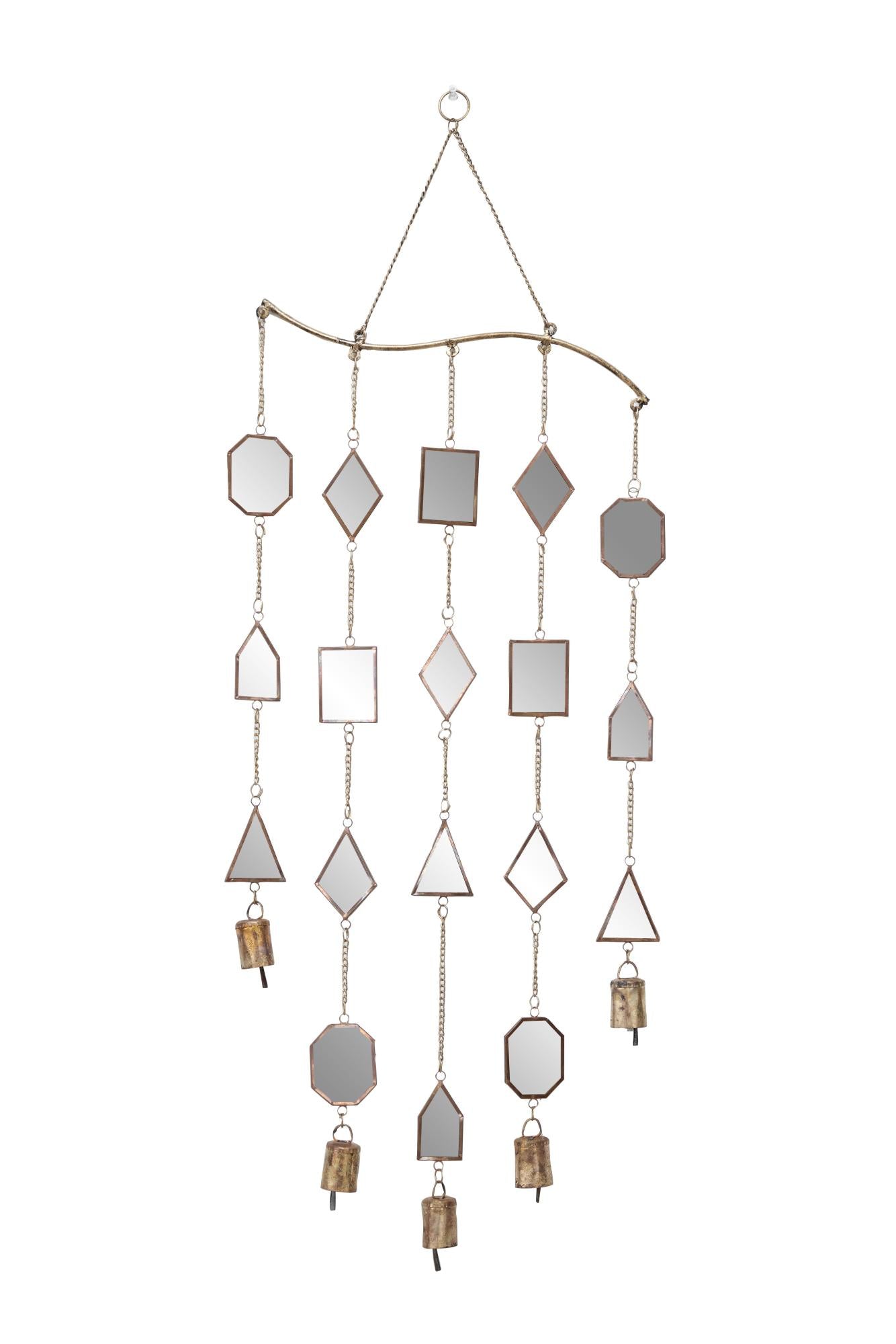 Geometric Brown Metal Indoor Outdoor Windchime with Glass Mirrors and Bells
