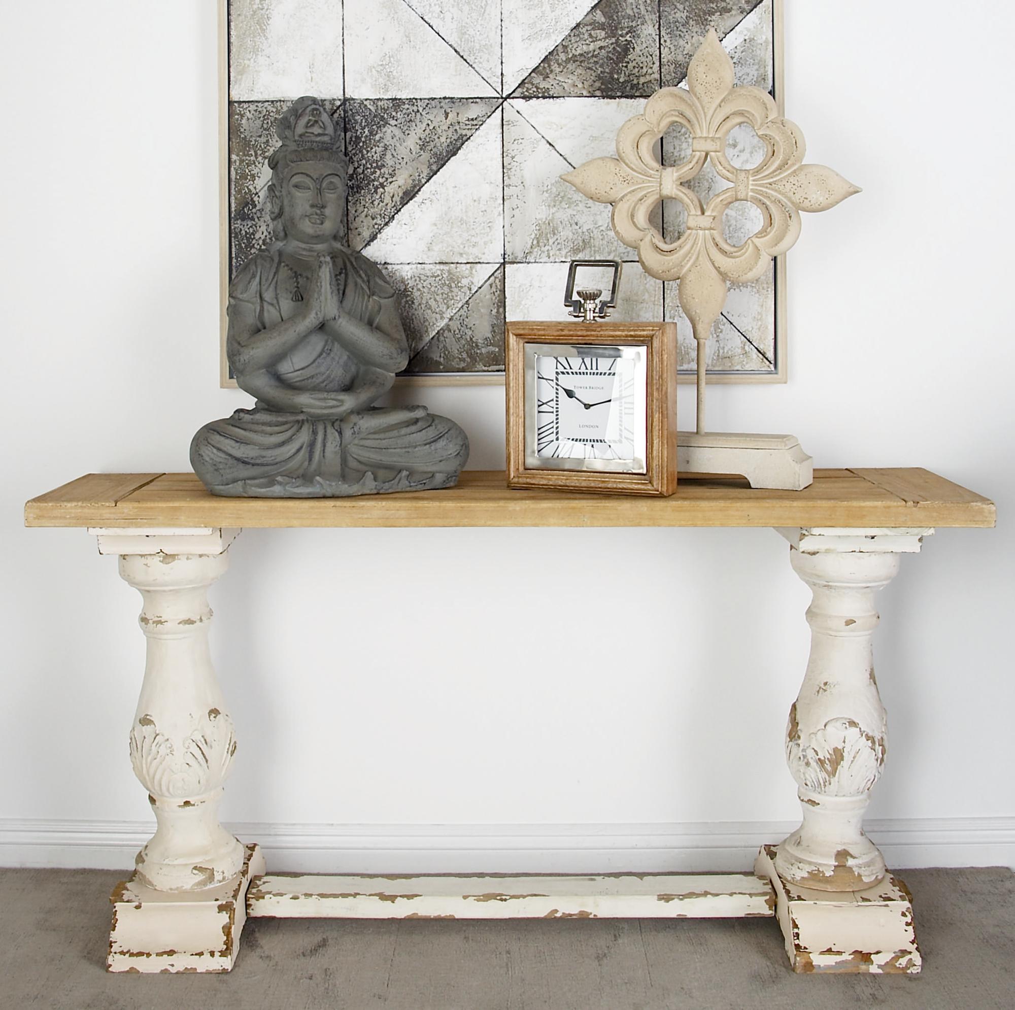 White Wood Distressed Living Room Console Table with Brown Wood Top