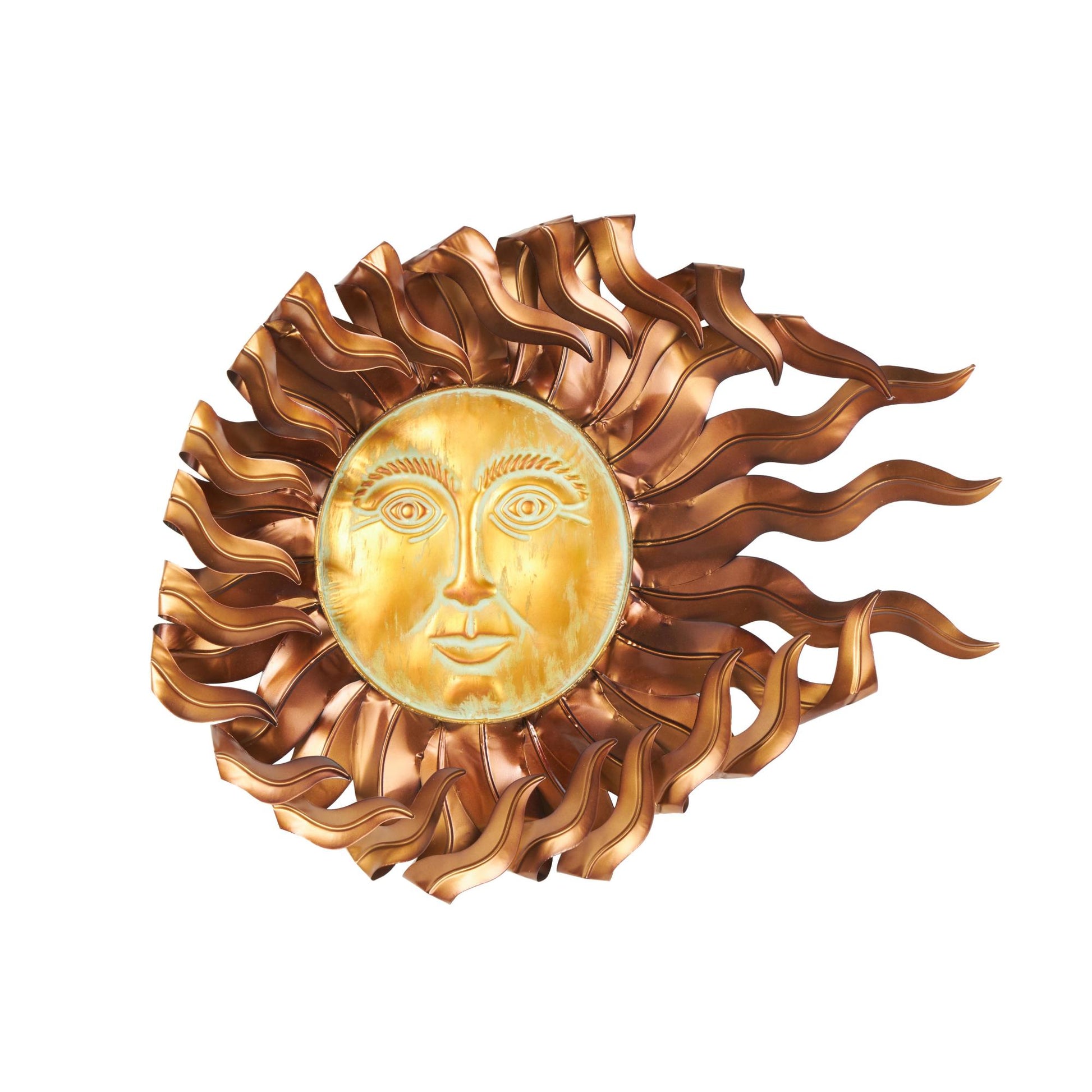 Sun Copper Metal Home Wall Decor with Gold Sun Face and Folded Wavy Rays