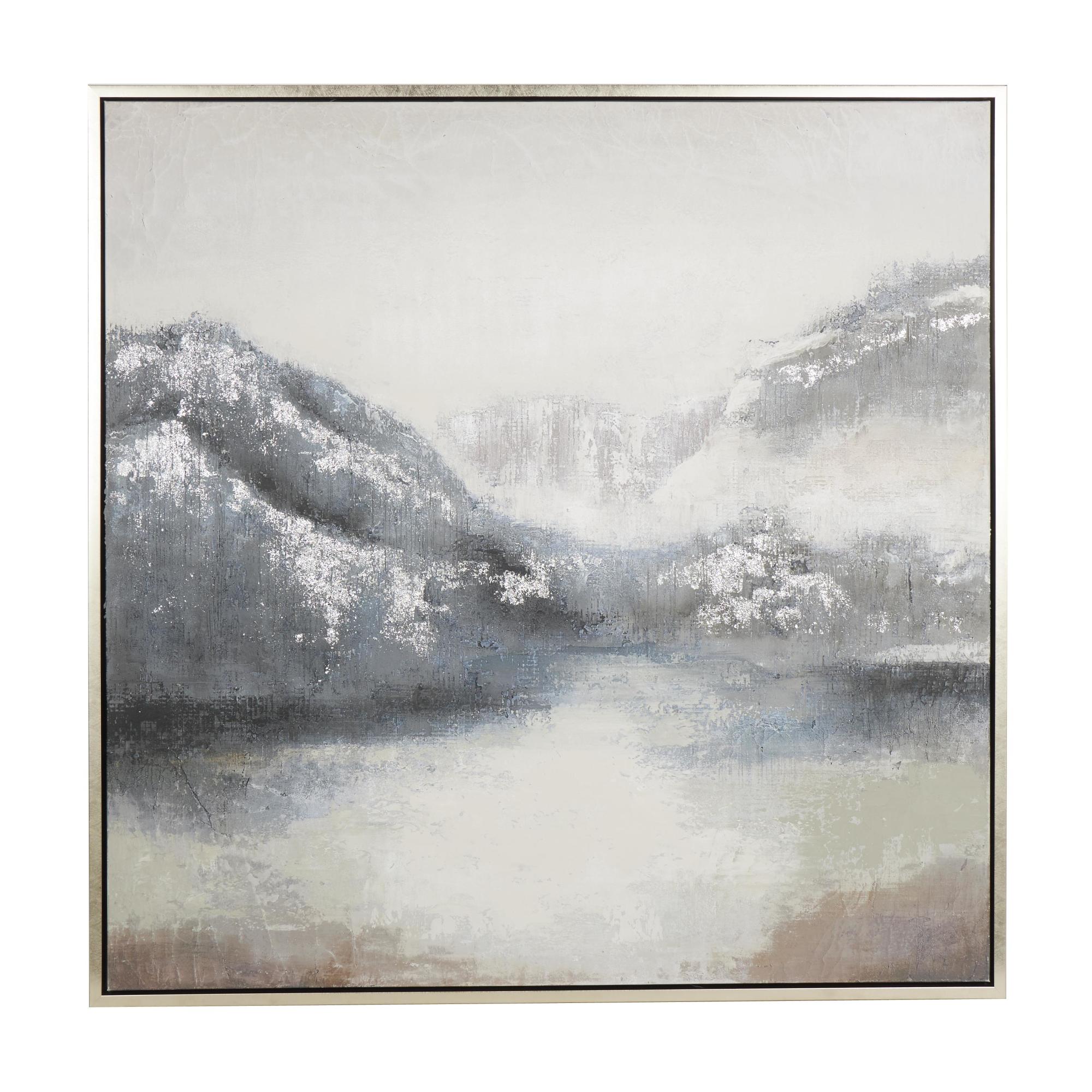 Landscape Blue Canvas Lake and Mountain Living Room Framed Wall Art with Silver Foil Accents