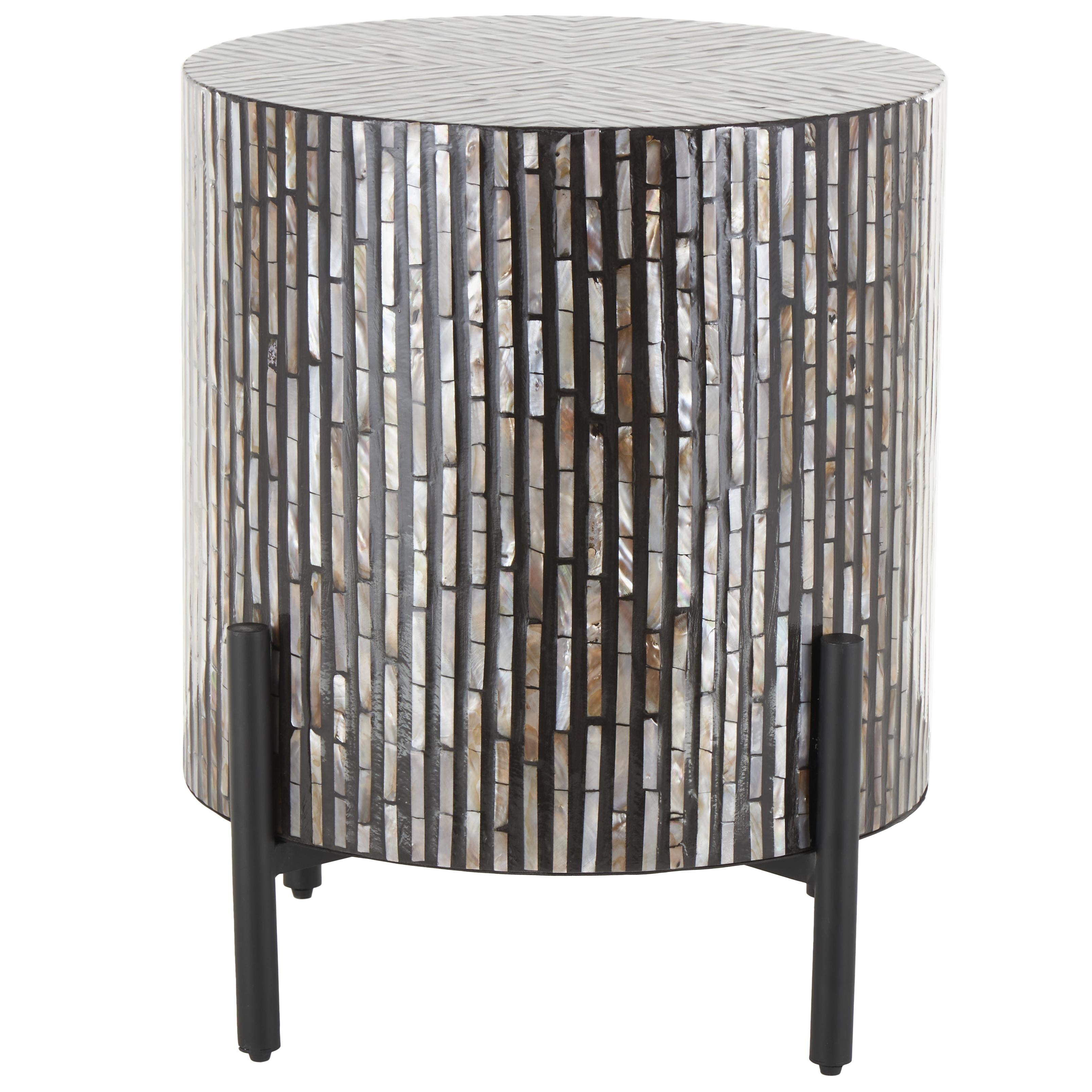 Geometric Mother of Pearl Shell Handmade Inlay Side End Accent Table with Black Legs 18" x 18" x 22"