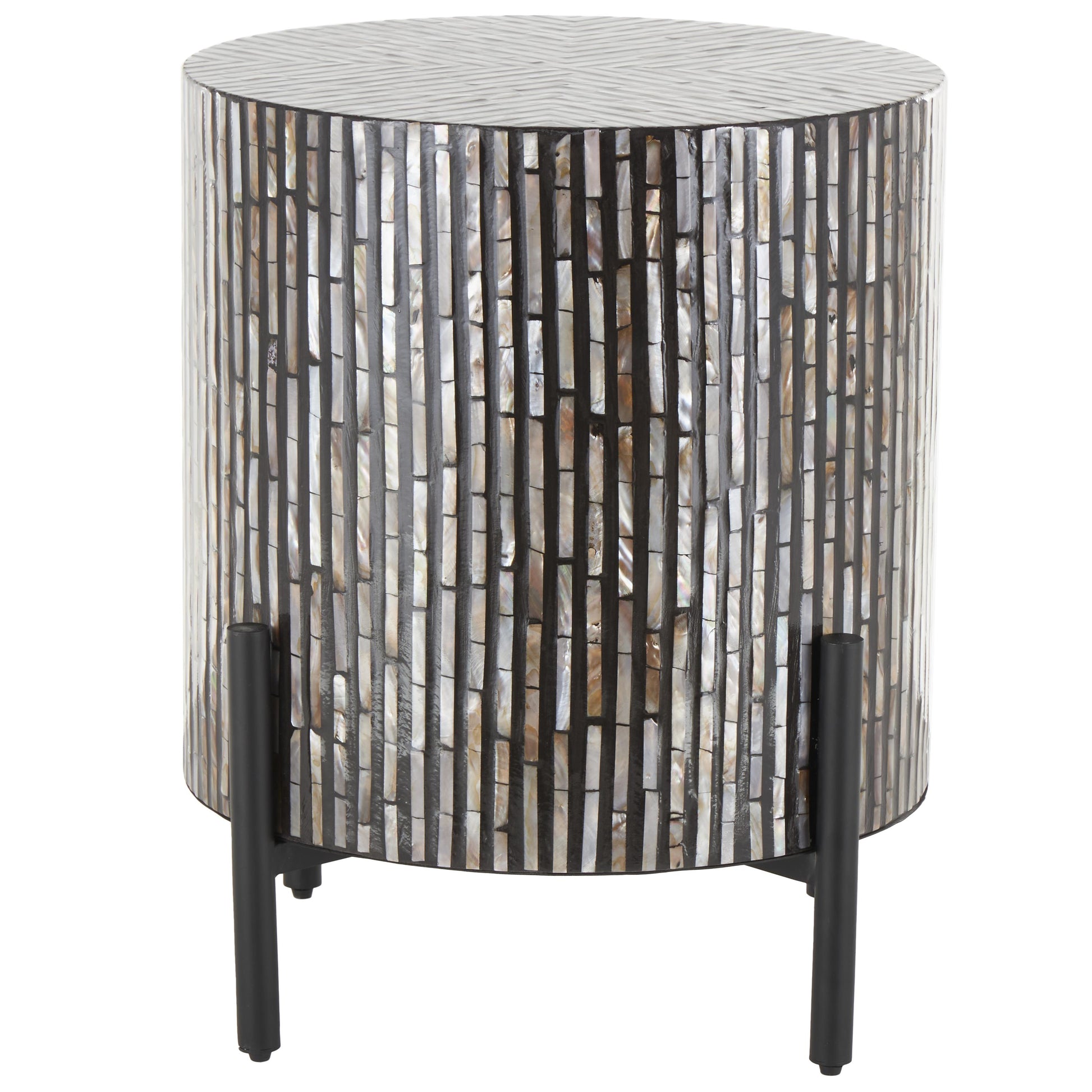 Geometric Mother of Pearl Shell Handmade Inlay Side End Accent Table with Black Legs 18" x 18" x 22"
