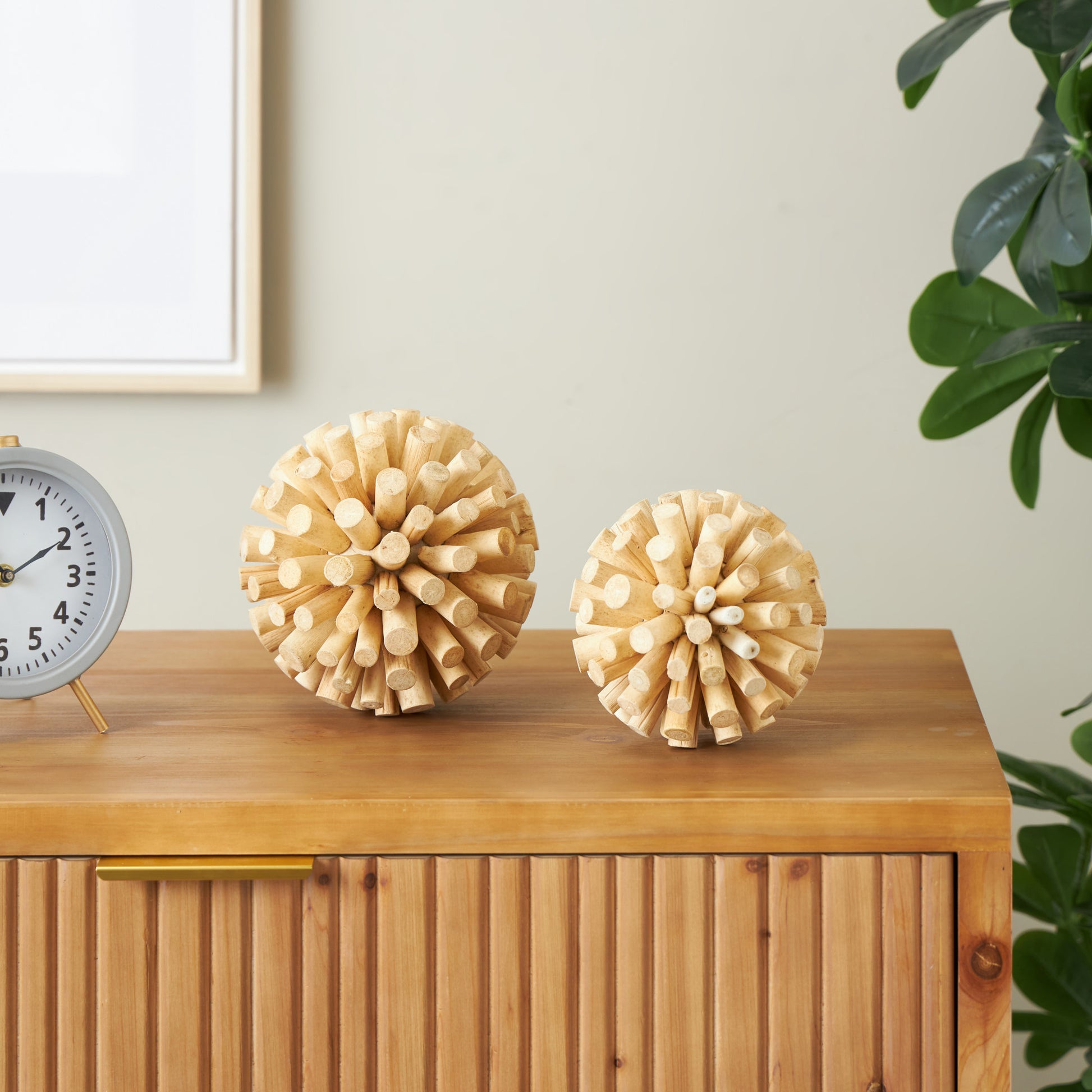 Set of 2 Brown Wood Handmade Tree Trunk Inspired Decorative Orbs & Vase Filler