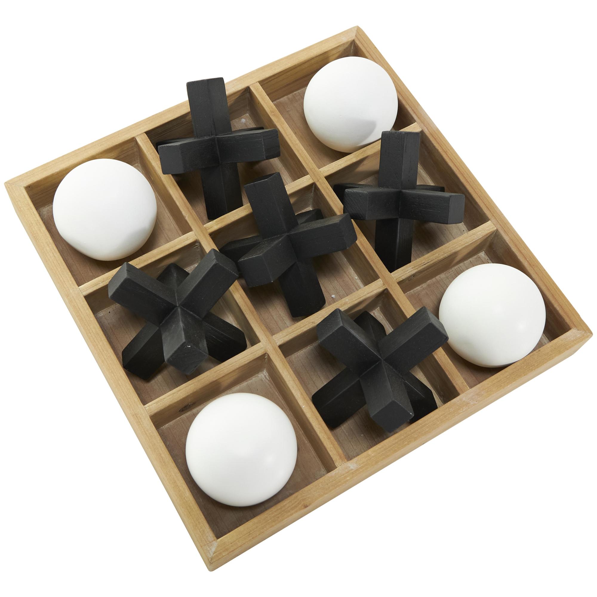 Tic Tac Toe Brown Wood Dimensional Home Decor Game Set with 3D Black and White Game Pieces