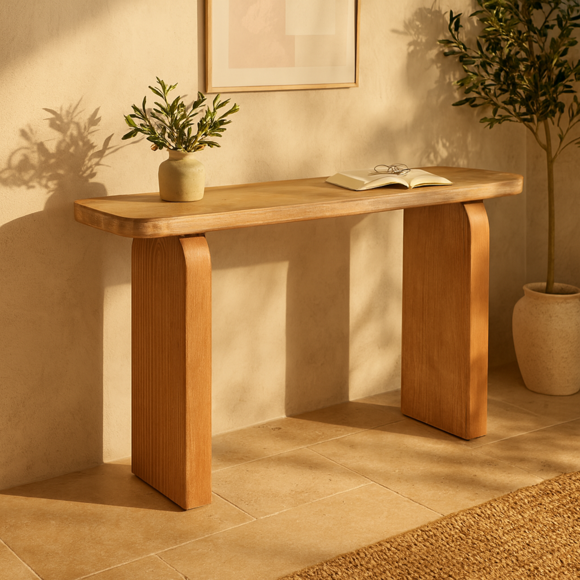 Brown Wood Rectangle Living Room Console Table with Arched Legs