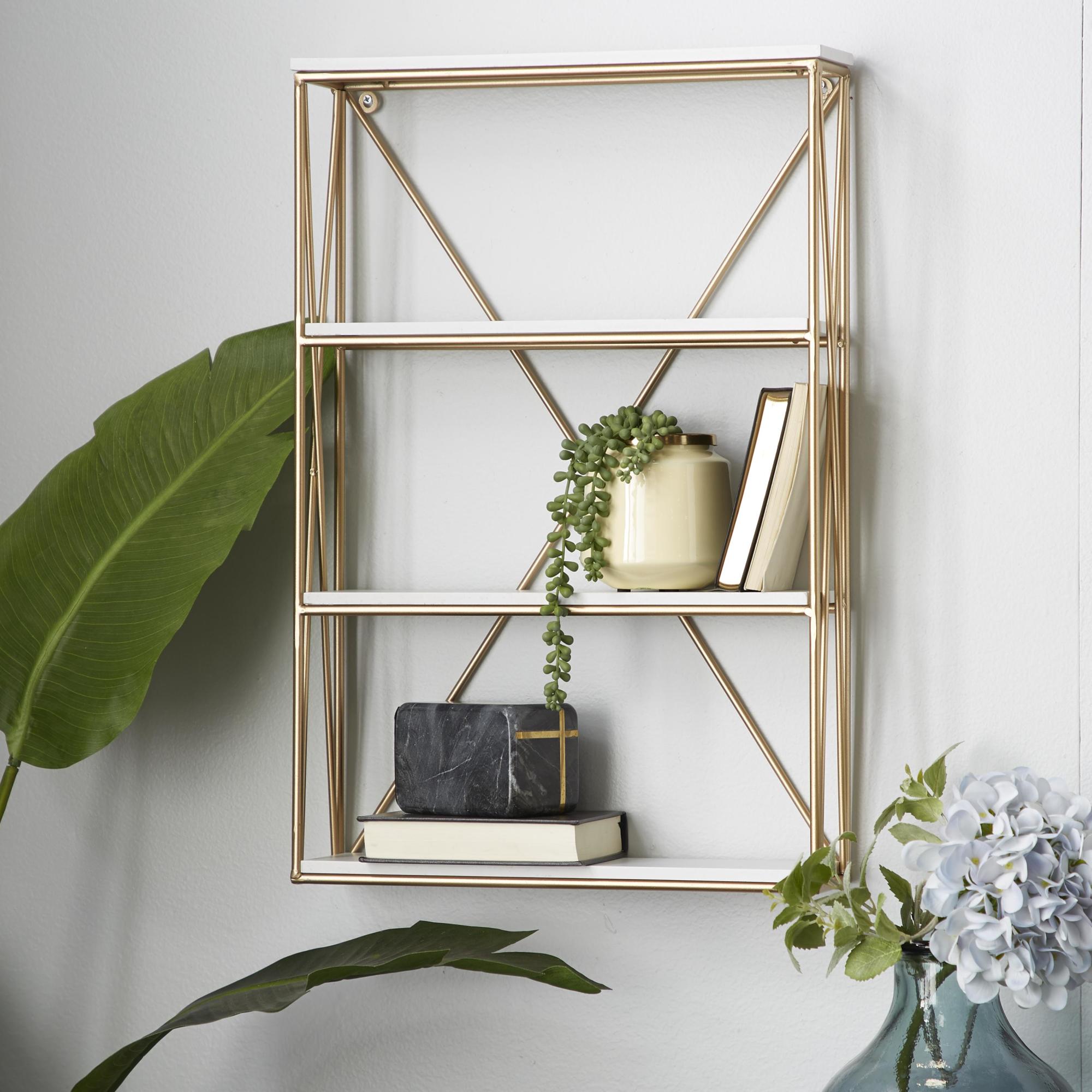 Gold Metal 3 Level Room Wall Shelf with White Wooden Shelves
