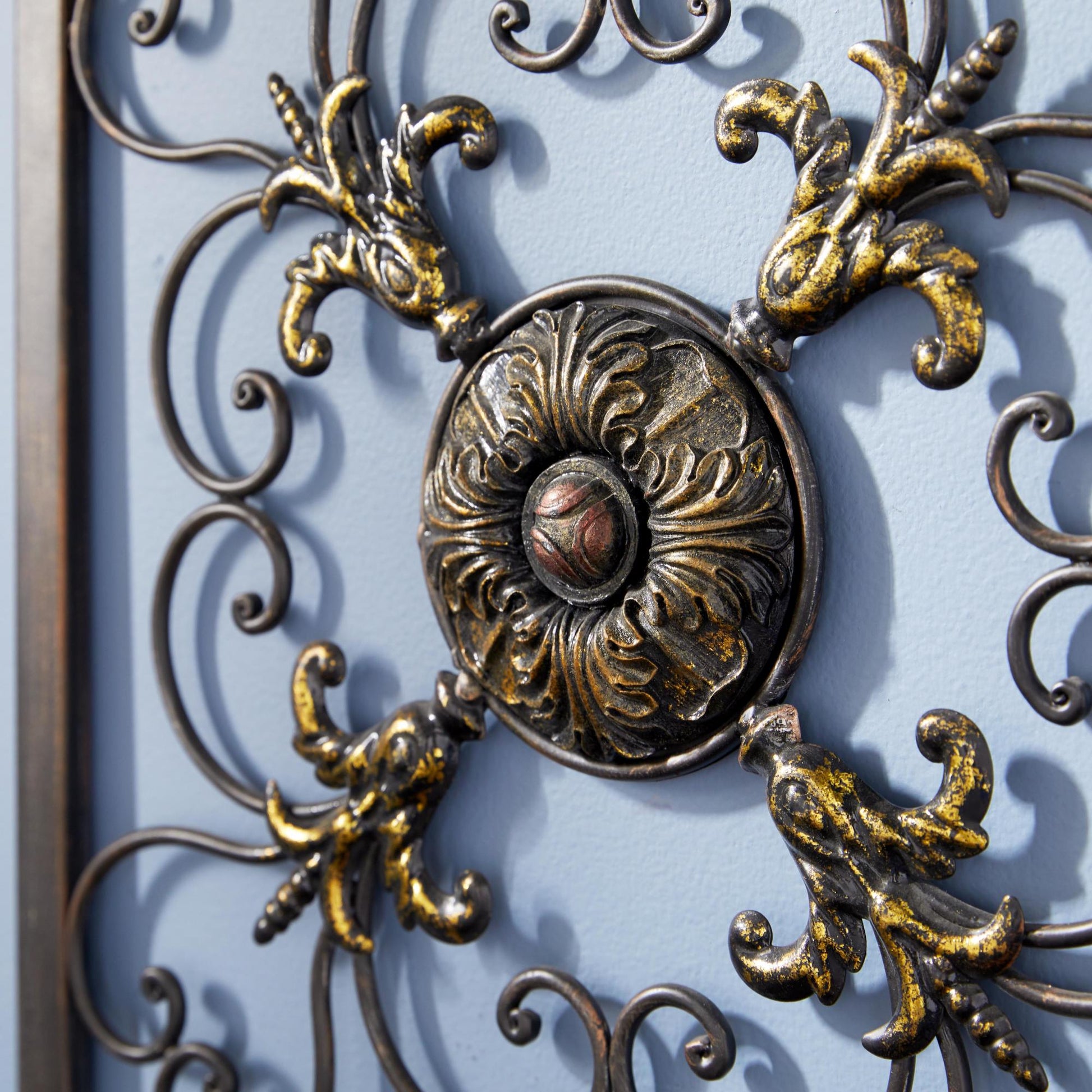 Set of 4 Fleur De Lis Brown Metal Wire Scroll Home Wall Decor with Gold Accents