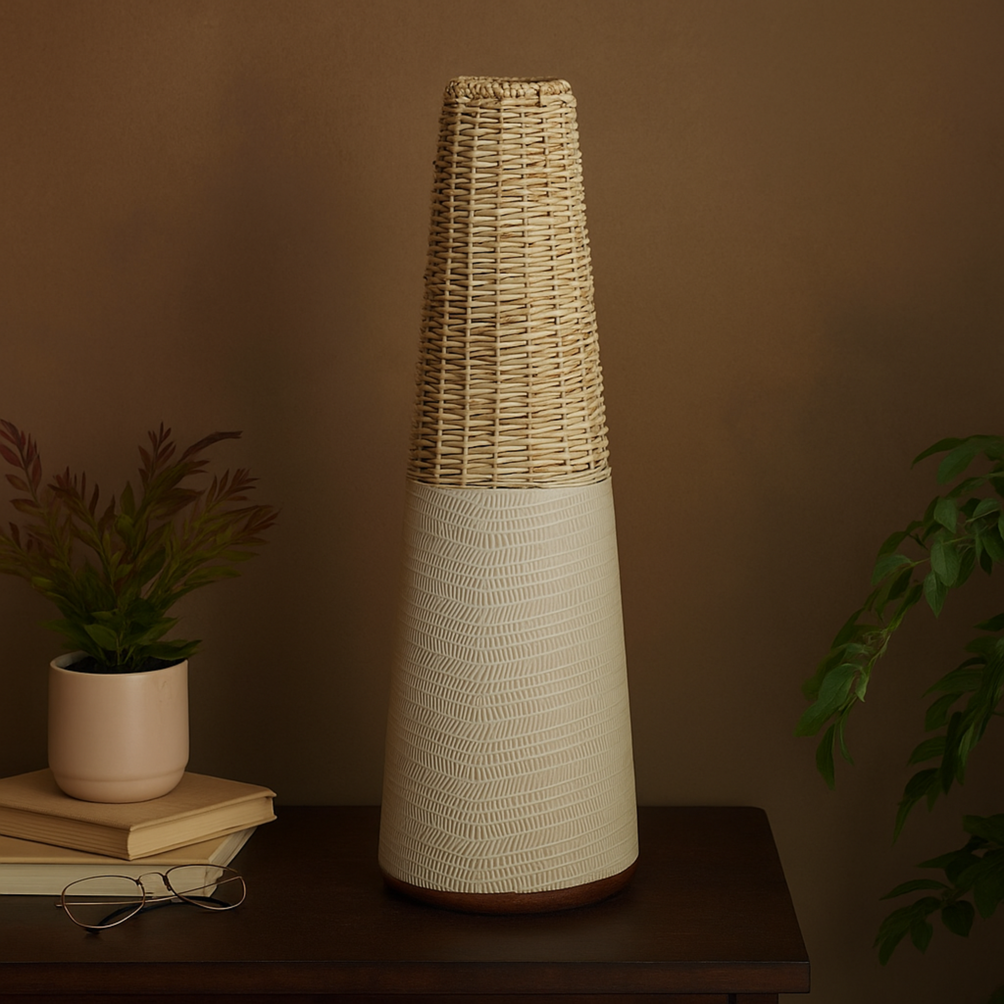 Geometric Light Brown Rattan Handmade Woven Decorative Vase with Beige Metal Base