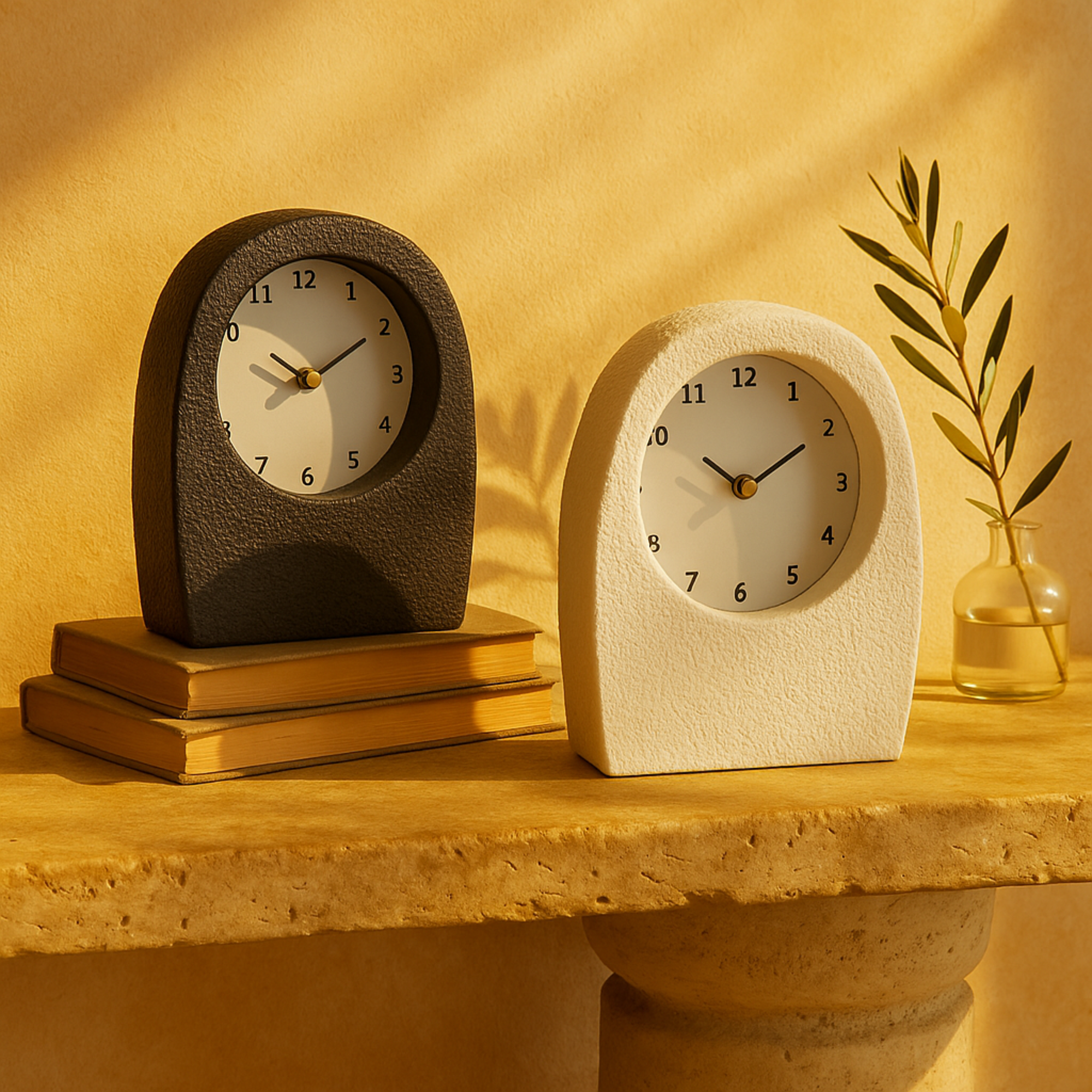 Set of 2 Multi Colored Wood Textured Decorative Clock with Gold Accents