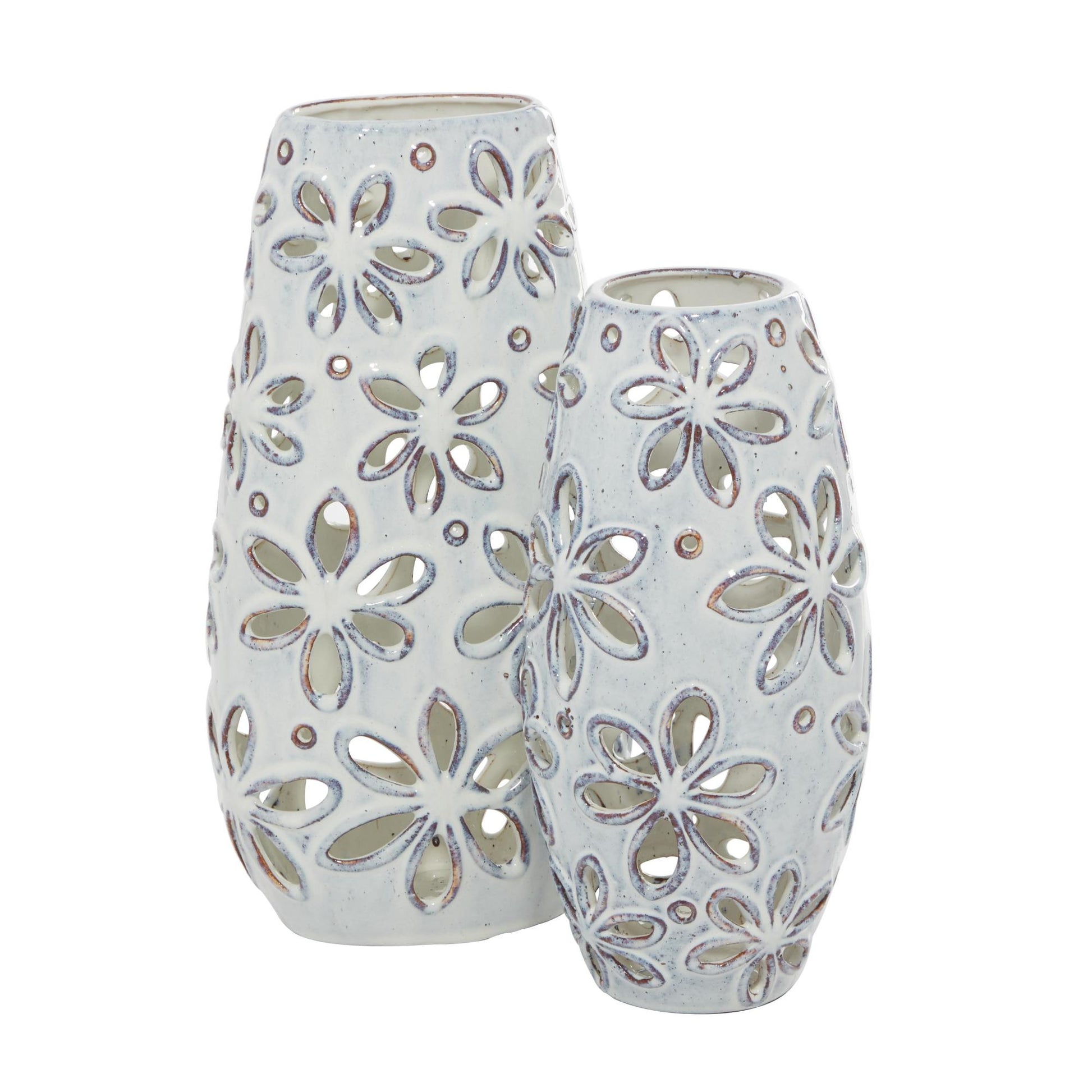 Set of 2 Floral White Ceramic Handmade Daisy Cut Out Decorative Vase