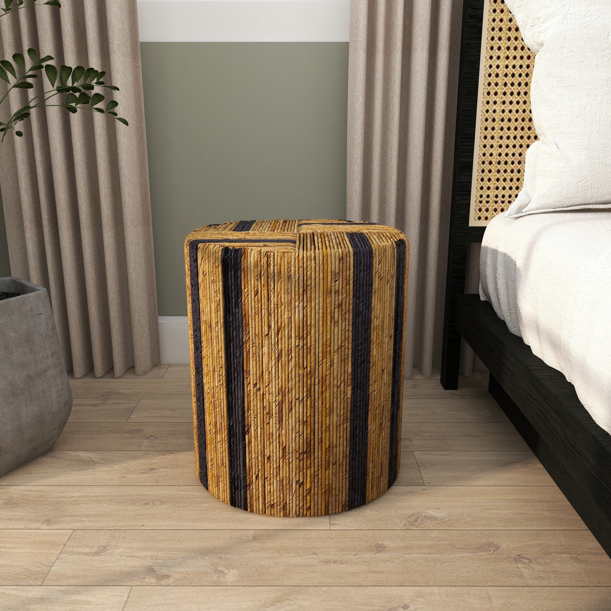 Brown Banana Leaf Handmade Linear Wrapped Side End Accent Table