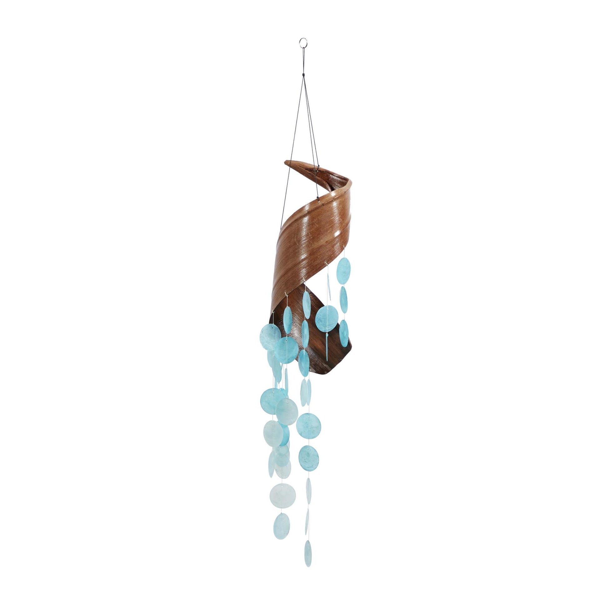 Geometric Teal Shell Spiral Waterfall Indoor Outdoor Windchime with Black Rope