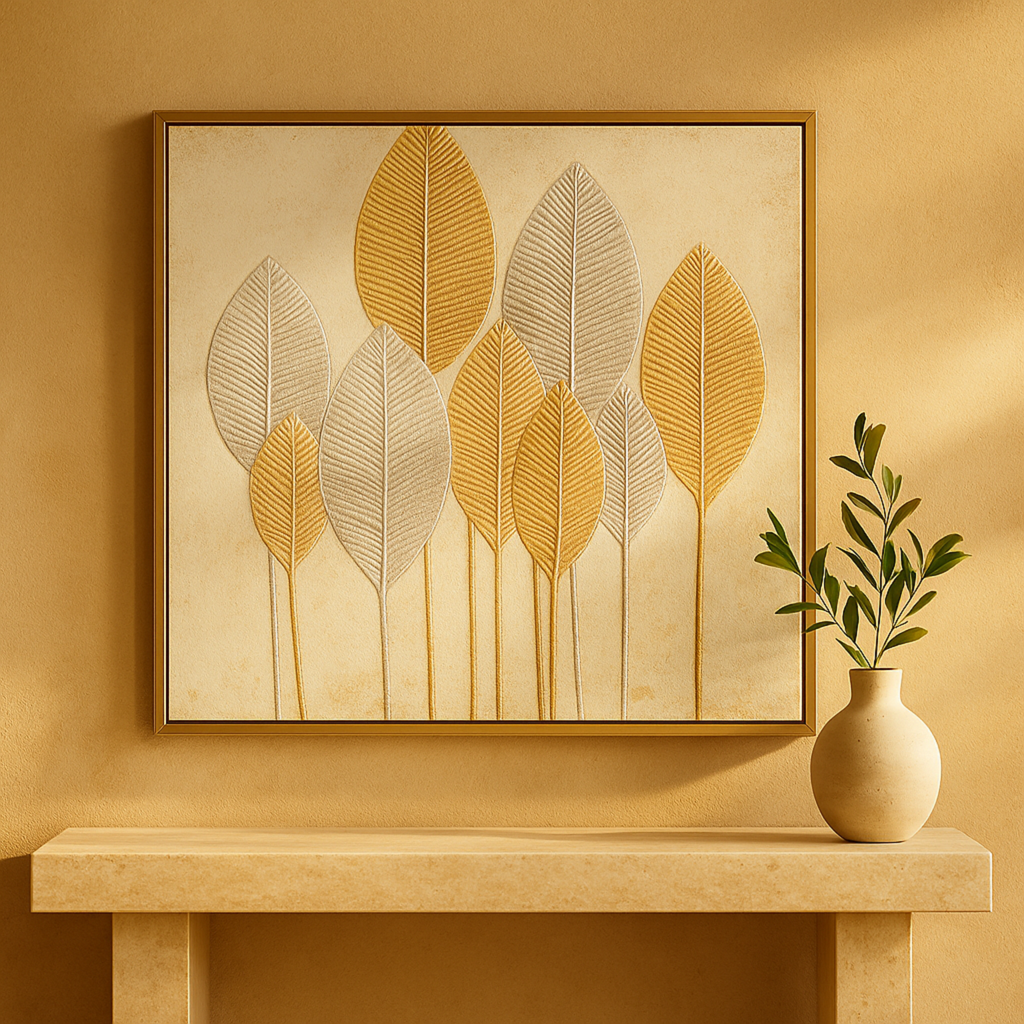 CosmoLiving by Cosmopolitan Leaf Gold Canvas Living Room Framed Wall Art with Silver Accents and Gold Frame