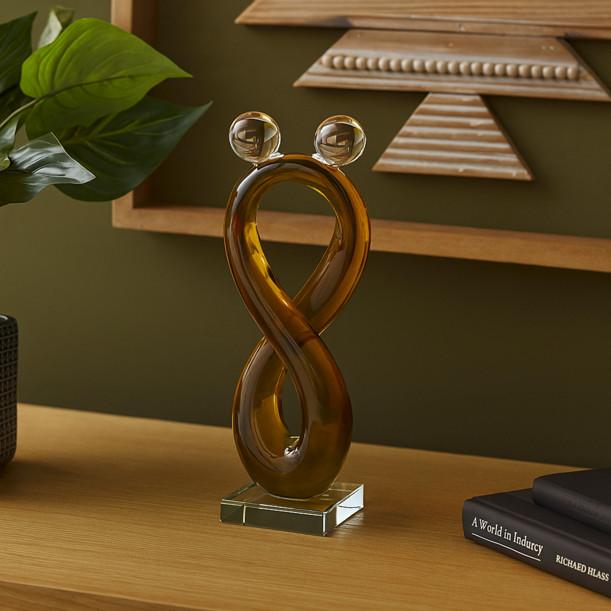 Abstract Orange Glass Infinity Decorative Sculpture with 2 Small Orbs