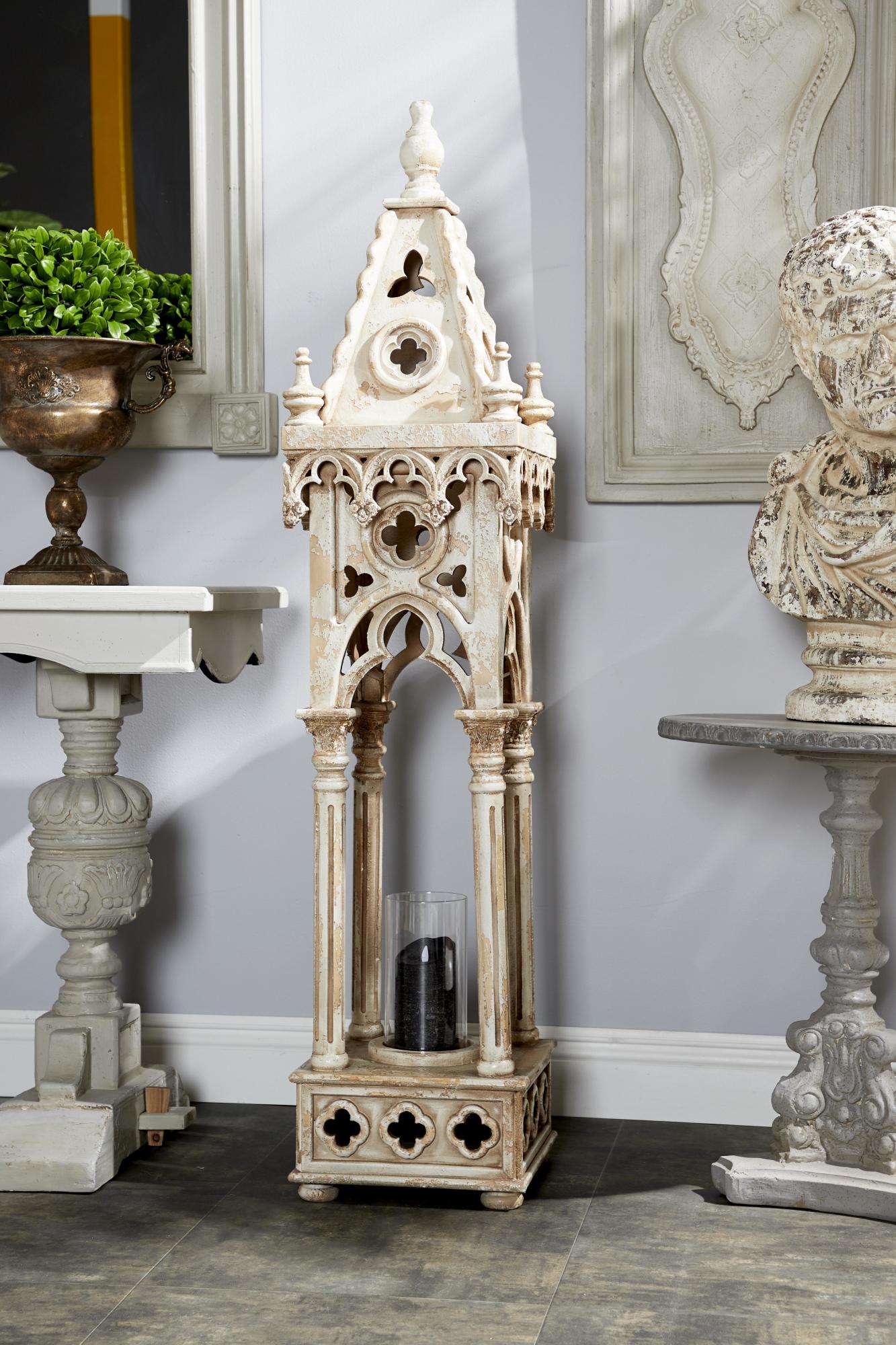 White Wood Standing Decorative Indoor Outdoor Candle Lantern