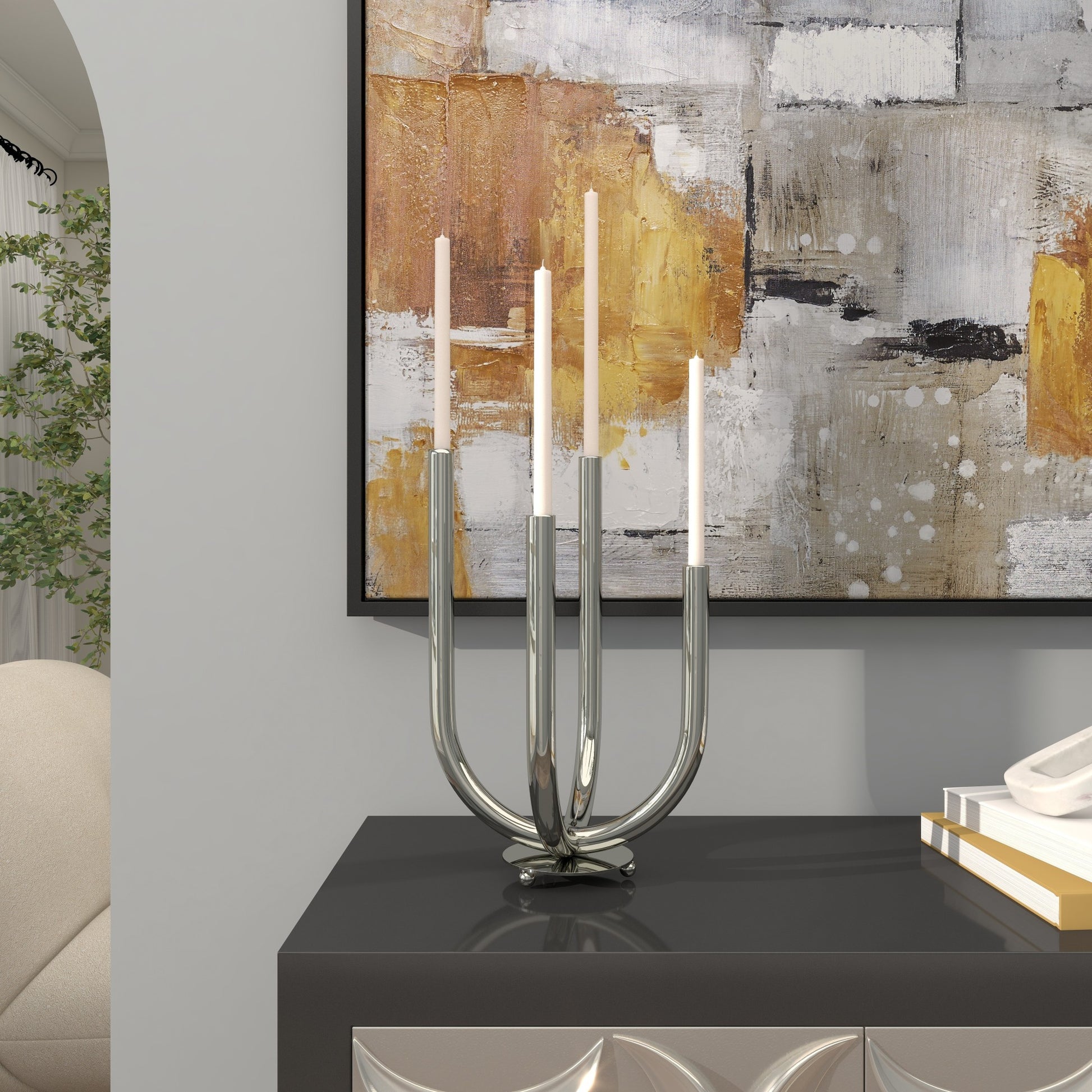 Silver Stainless Steel Metal Abstract U-Shaped Decorative Candelabra