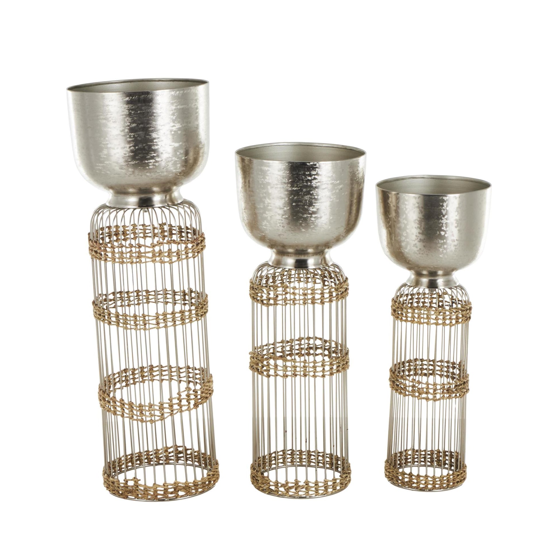 Set of 3 Metal Textured Dome Indoor Planter with Woven Seagrass and Caged Rod Pedestal Base Set of 3 32", 27", 24"H