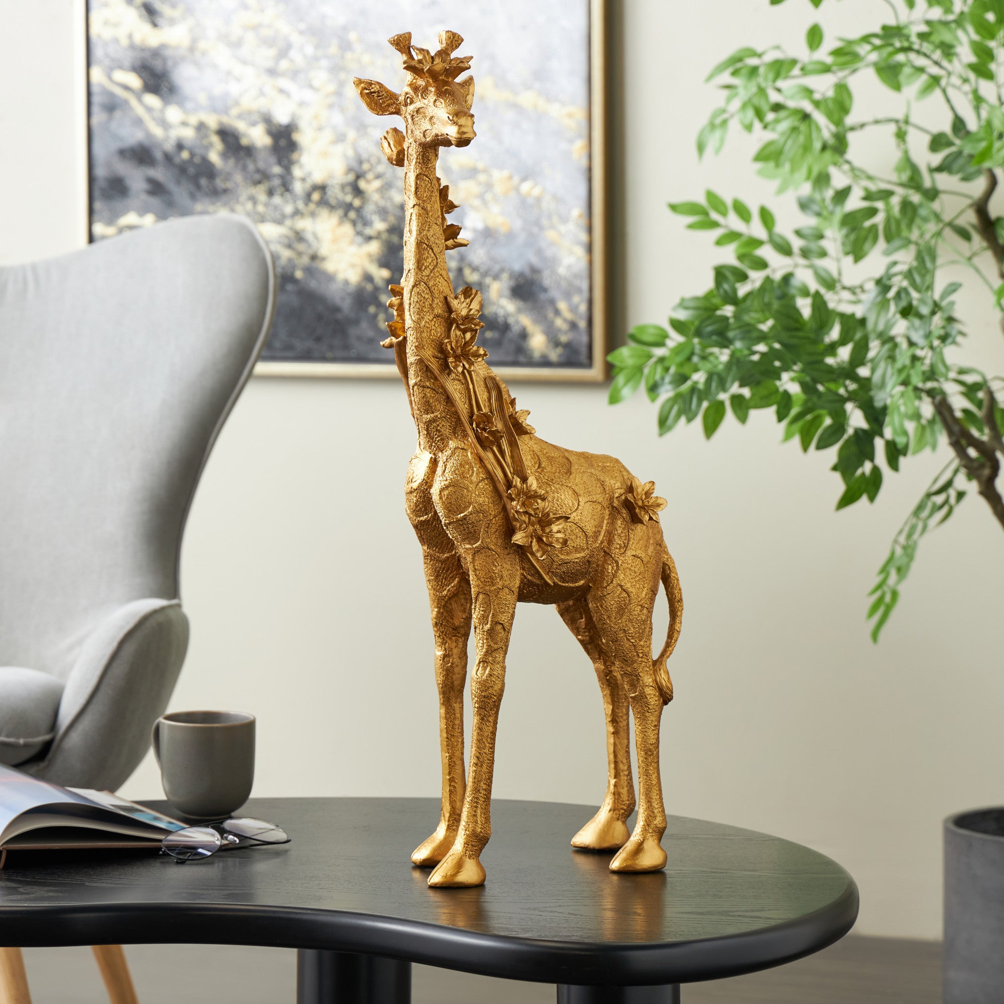 Giraffe Gold Resin Standing Decorative Sculpture with Textured Spots and Floral Accents