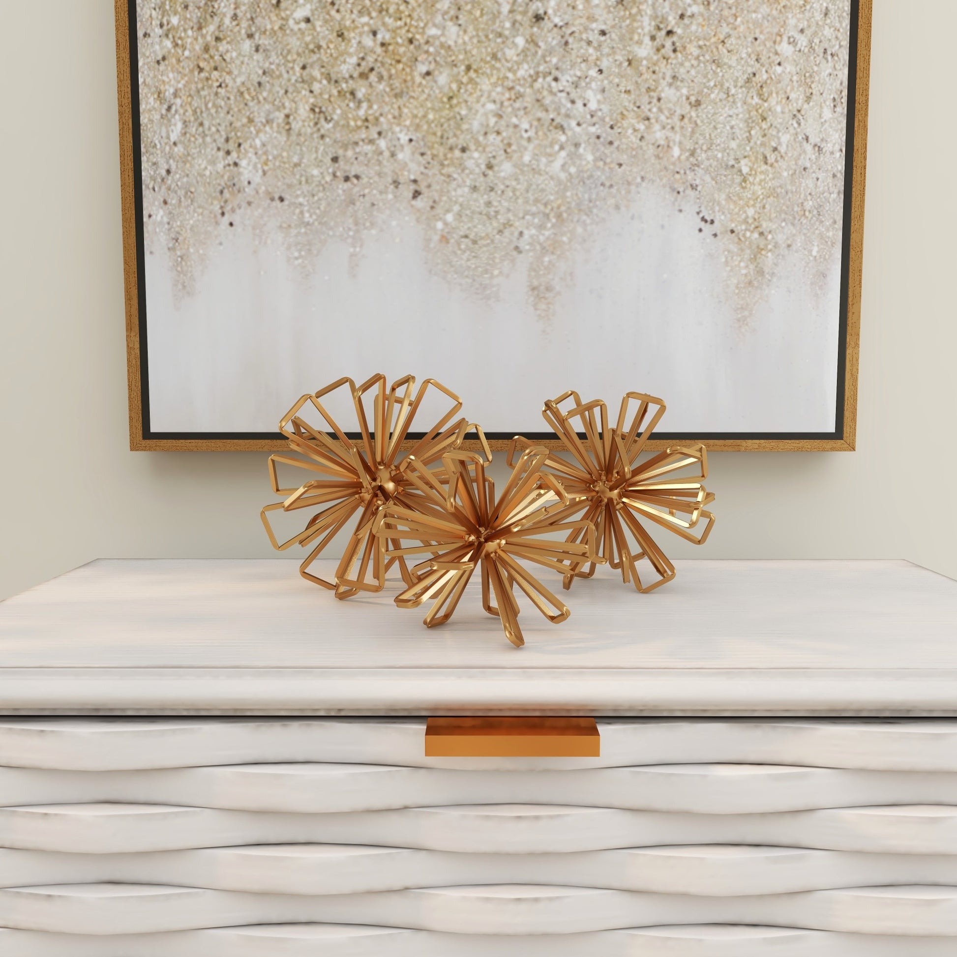 Set of 3 Geometric Gold Metal Wire Rod Orb Decorative Sculpture