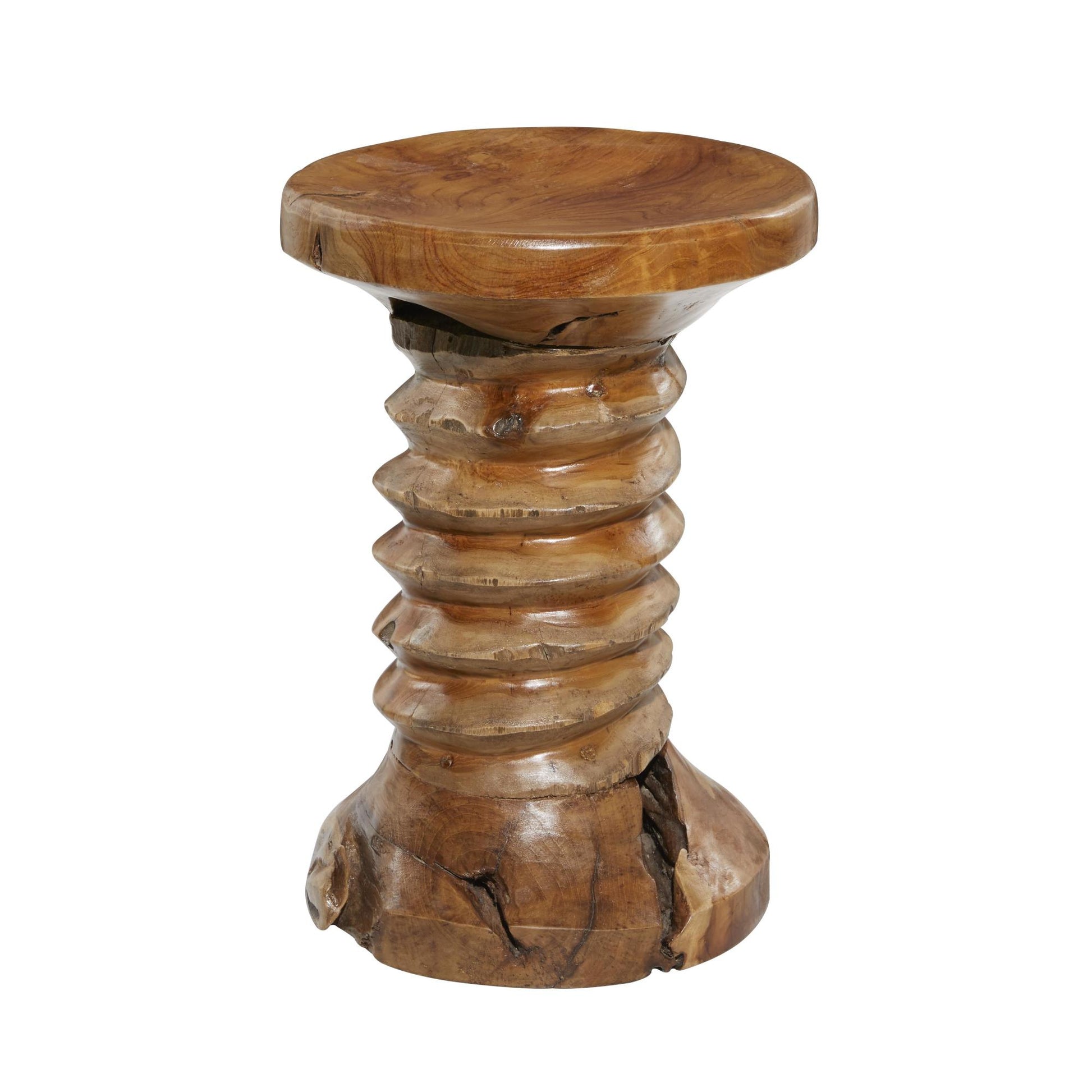 Brown Teak Wood Handmade Live Edge Side End Accent Table with Coiled Base