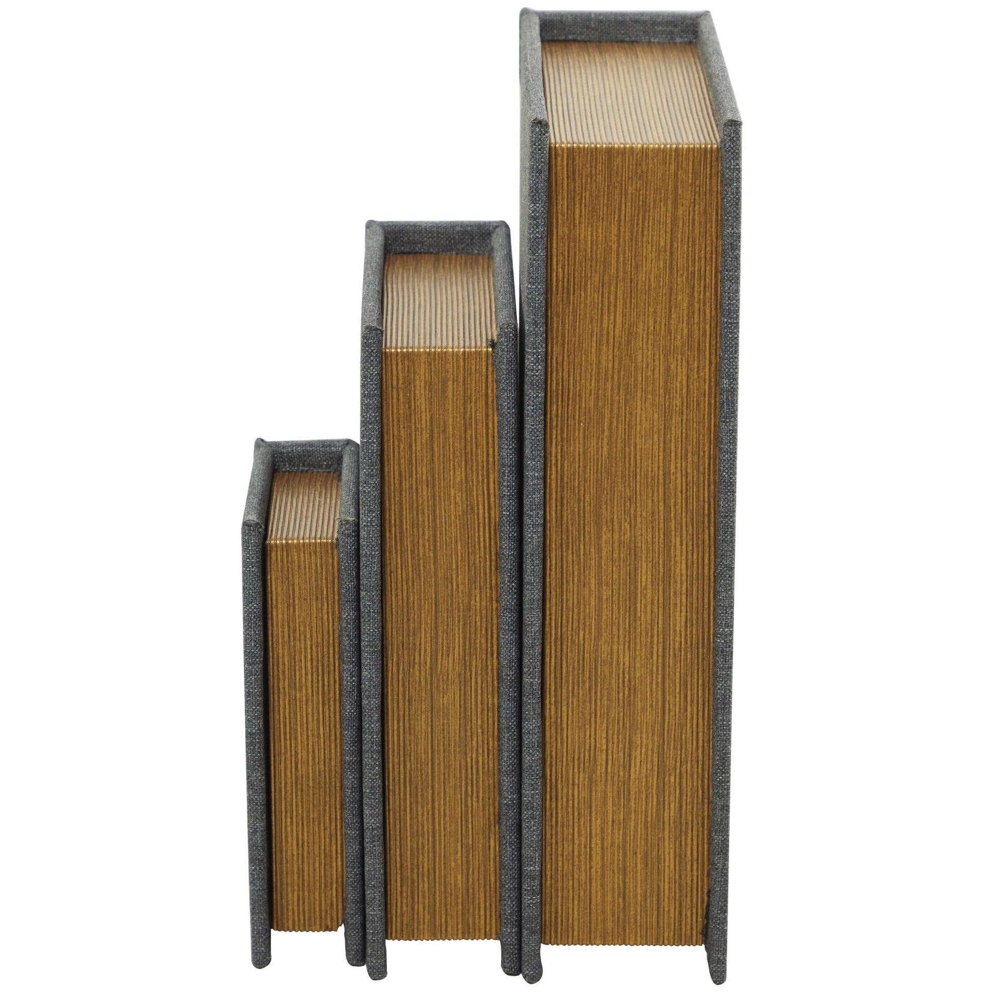 Set of 3 Linen Fabric Textured Faux Book Storage Decorative Box with Gold Page Detailing