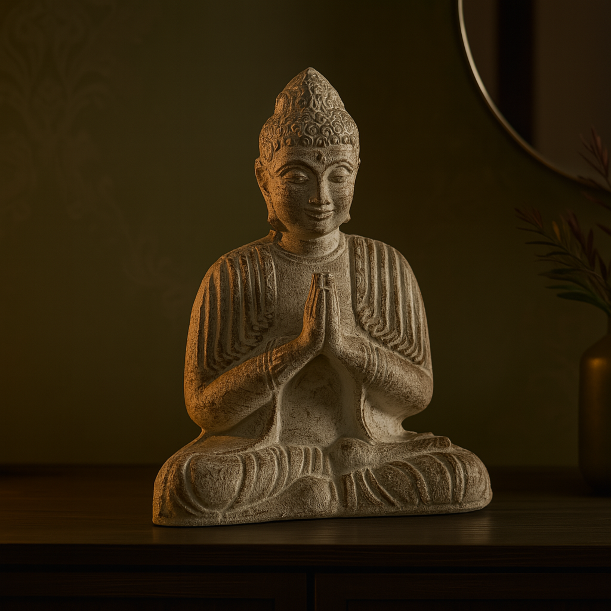 Buddha Cream Paper Mache Handmade Carved Decorative Sculpture with Brown Distressing