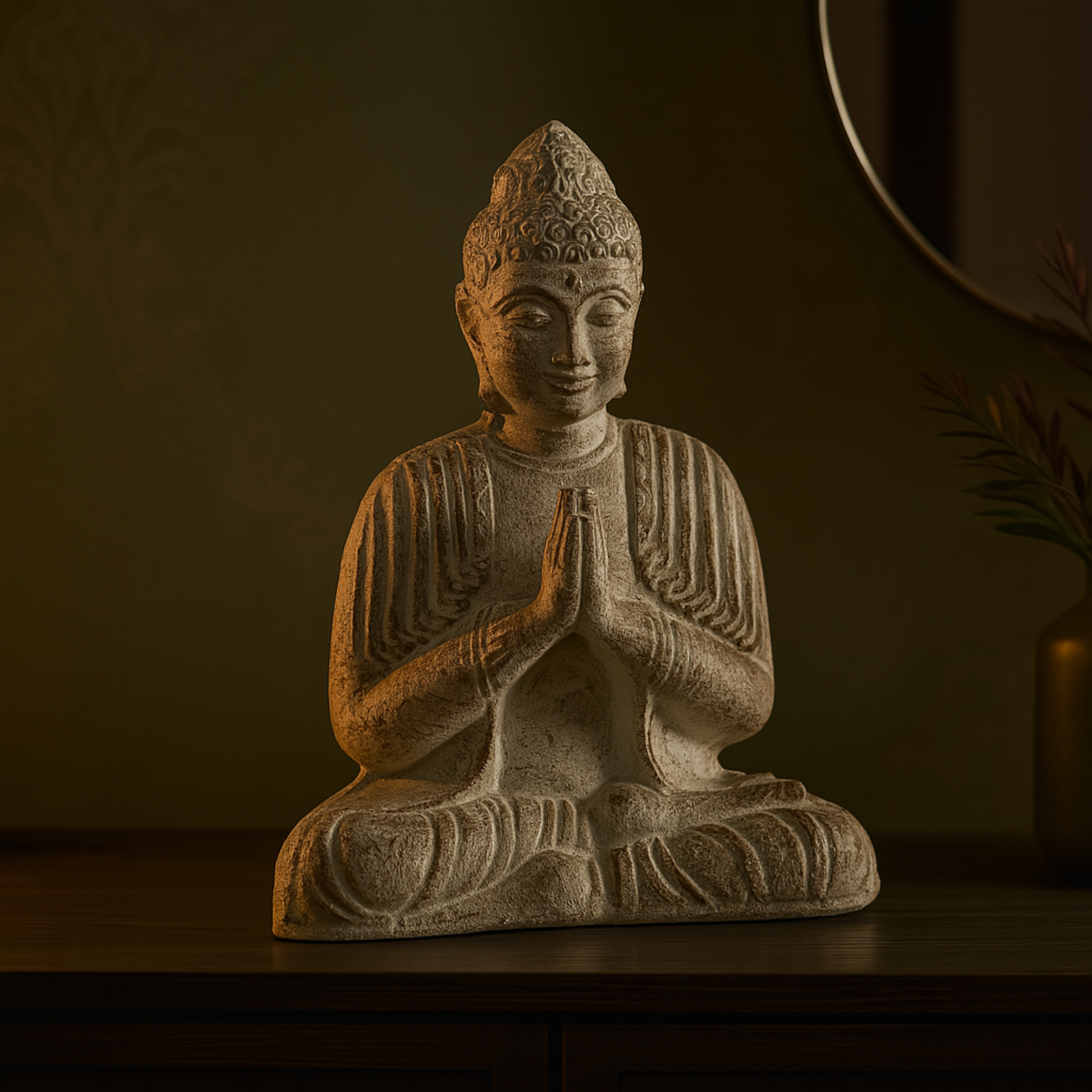 Buddha Cream Paper Mache Handmade Carved Decorative Sculpture with Brown Distressing