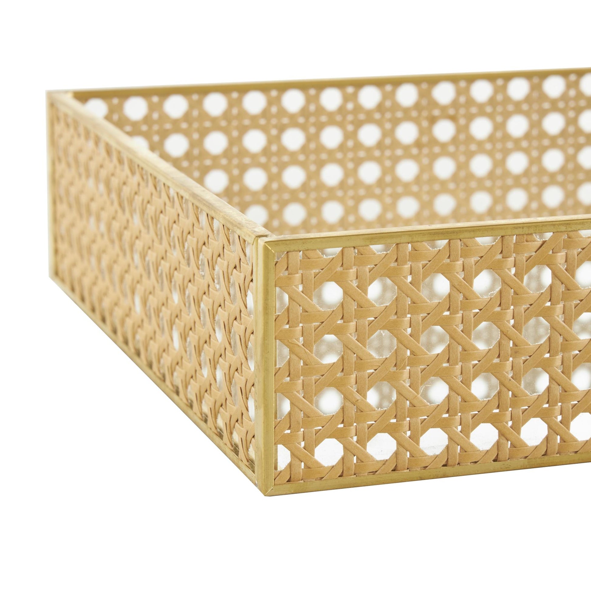 Set of 2 Brown Rattan Woven Living Room Decor Tray with Mirrored Glass Interior