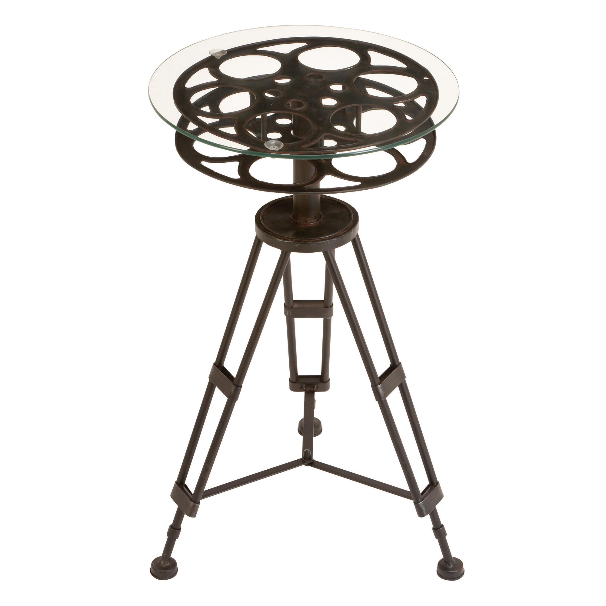 Film Black Metal Reel Side End Accent Table with Tripod Legs and Glass Top