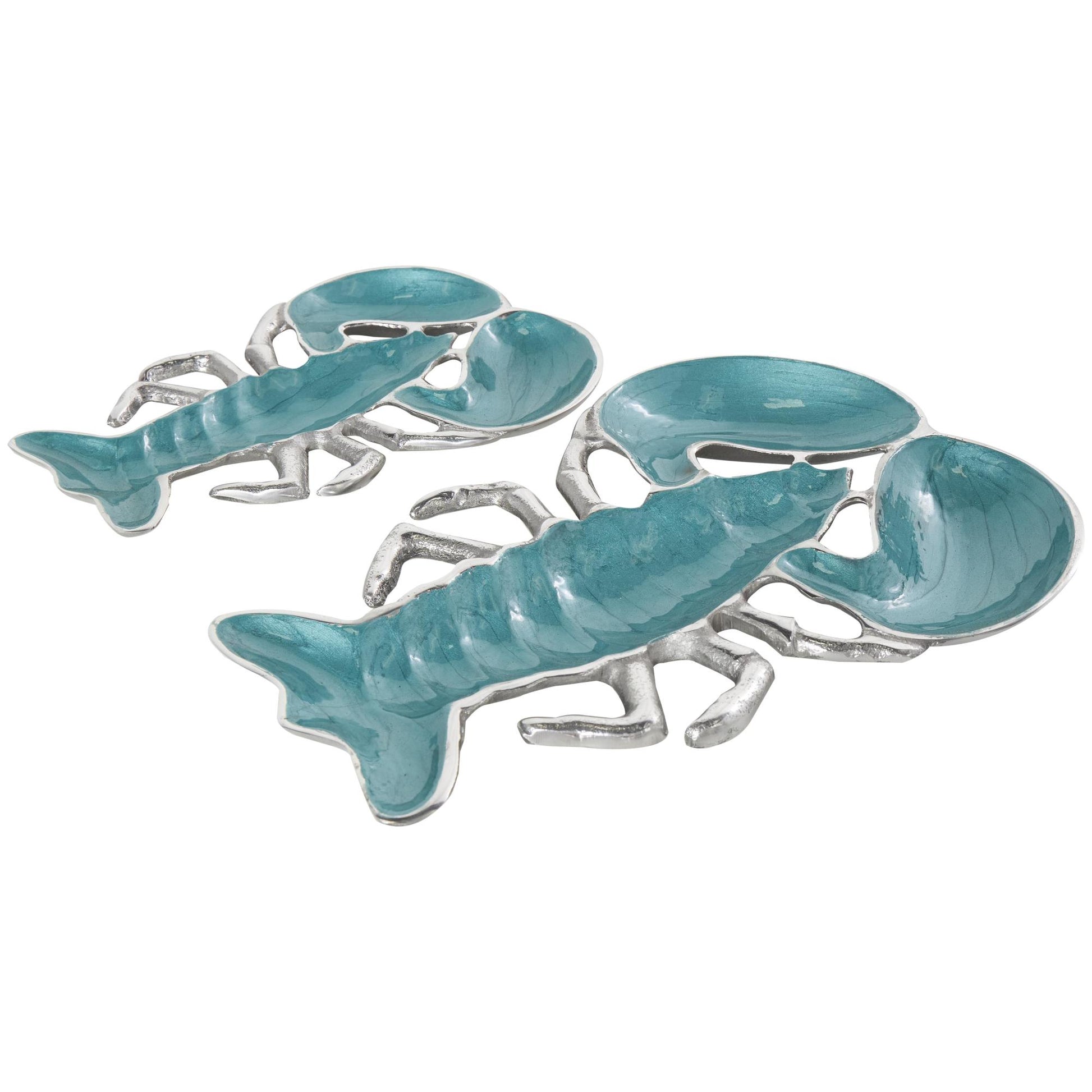Set of 2 Lobster Aluminum Metal Enameled Living Room Decor Serving Bowl with Silver Metal Exterior Set of 2 11", 9"W