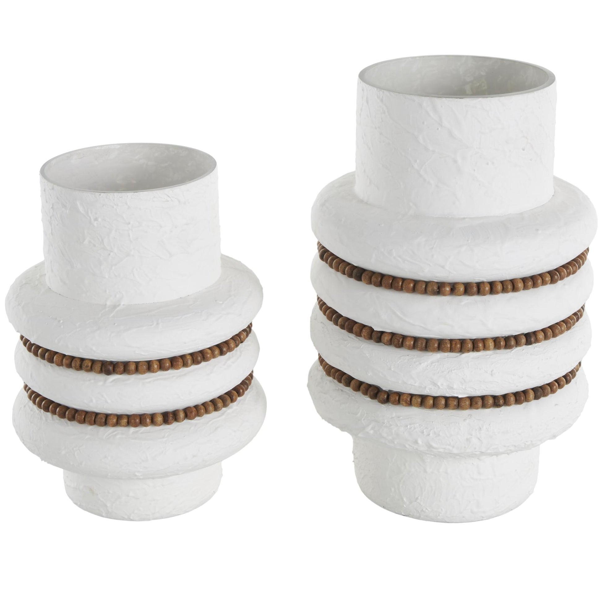 Set of 2 White Glass Textured Decorative Vase with Brown Wood Beaded Stripes