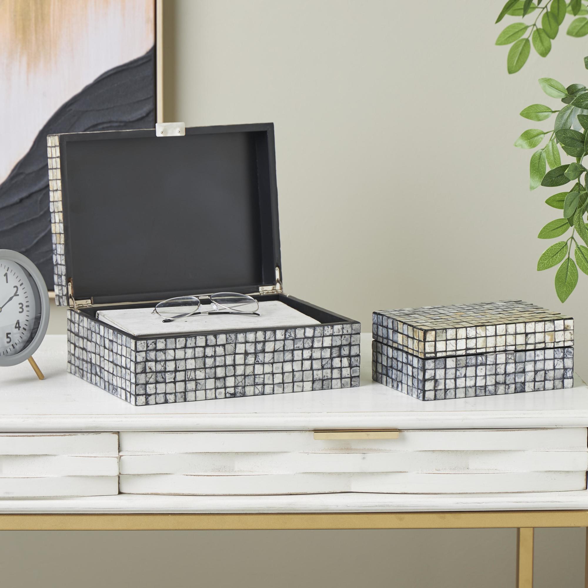 Set of 2 Geometric Gray Mother of Pearl Shell Handmade Square Mosaic Storage Decorative Box