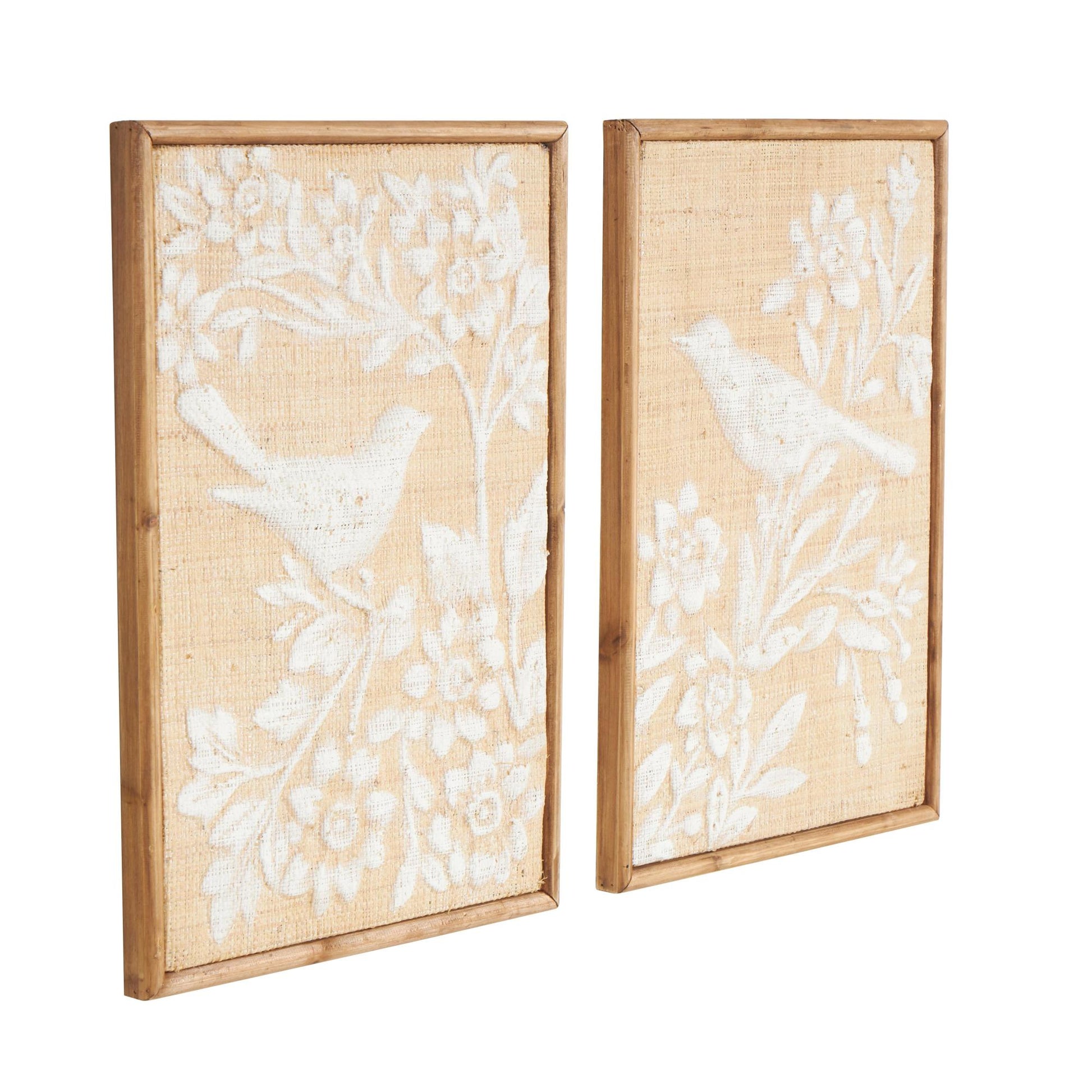 Set of 2 Bird Brown Wood Living Room Framed Wall Art with White Painted Floral Patterns
