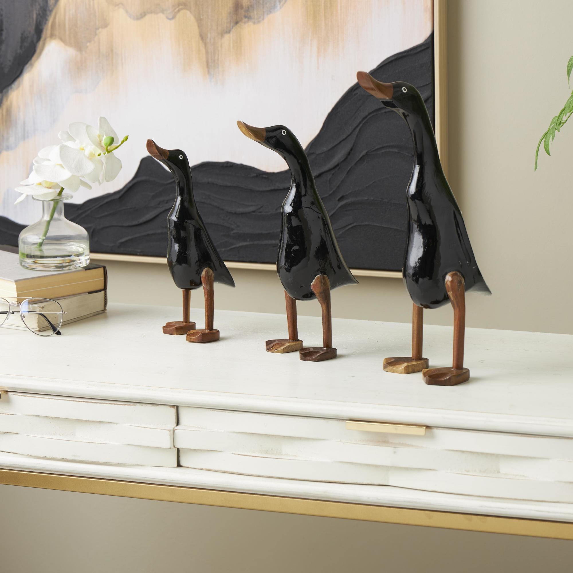 Set of 3 Duck Black Wood Decorative Sculpture with Brown Accents