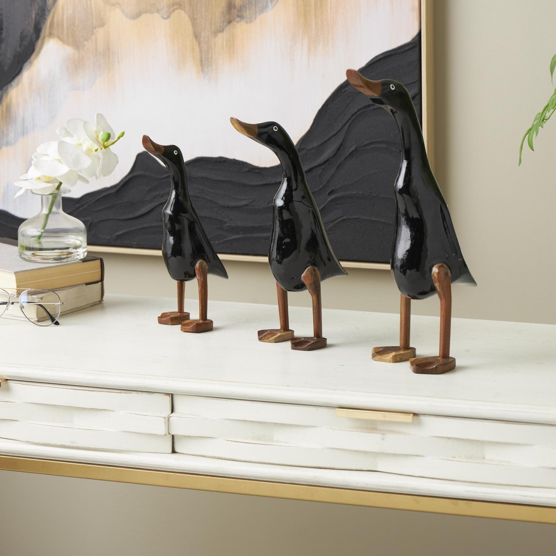 Set of 3 Duck Black Wood Decorative Sculpture with Brown Accents