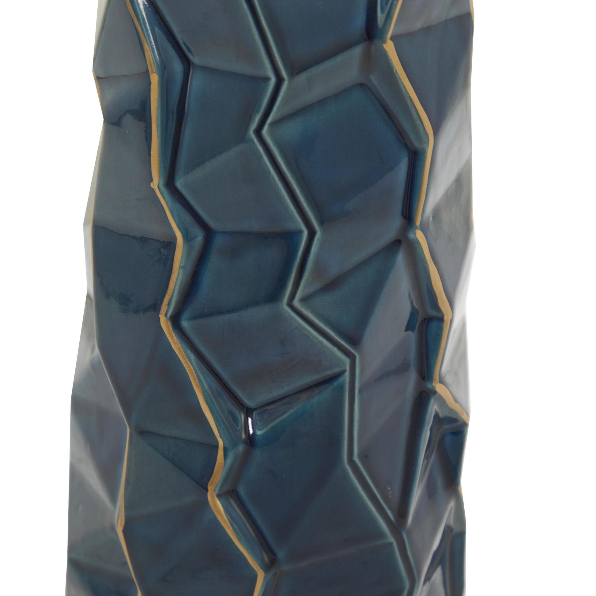Teal Ceramic Geometric Floor Decorative Vase with Gold Accents