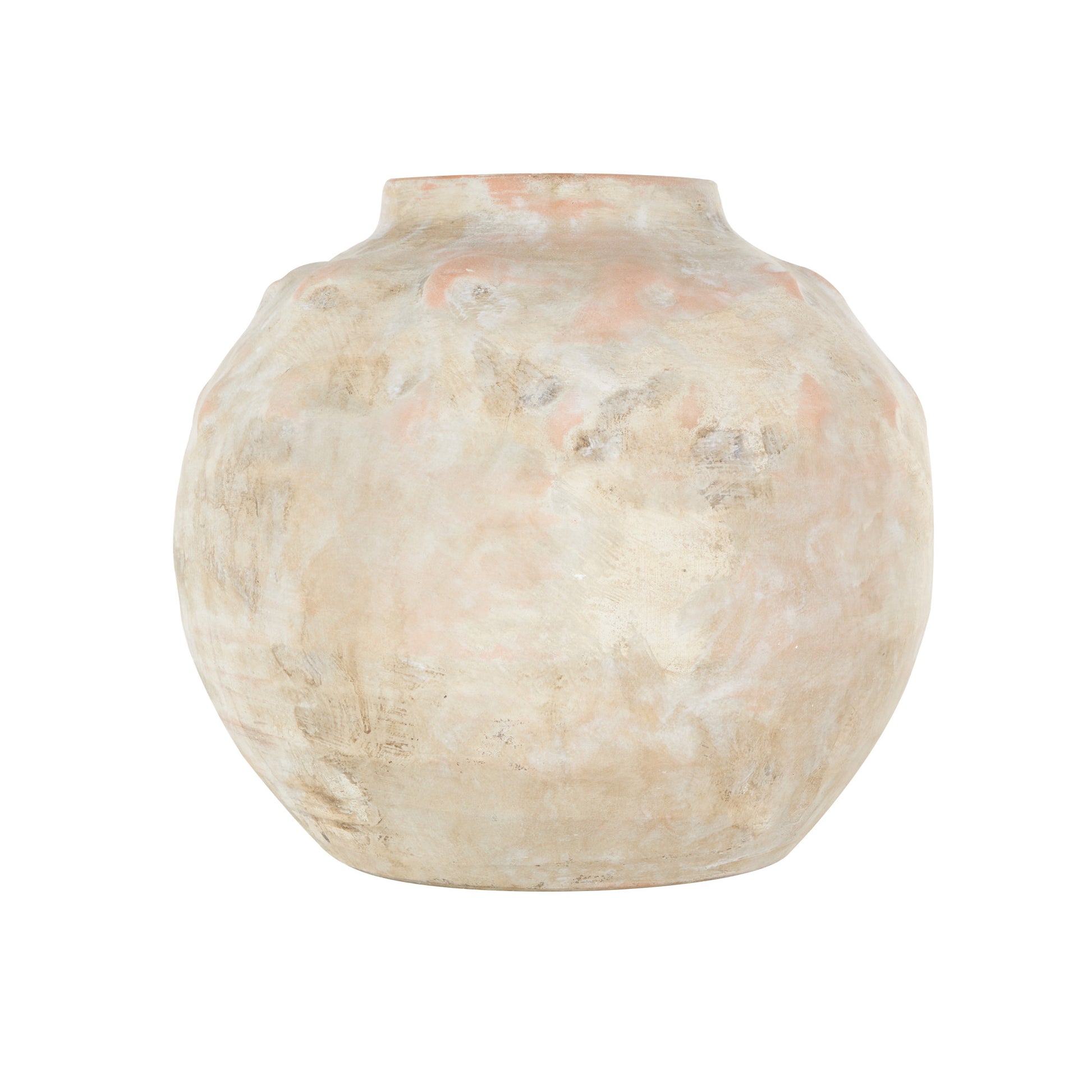 Beige Ceramic Antique Short Wide Decorative Vase with Shades of Pink