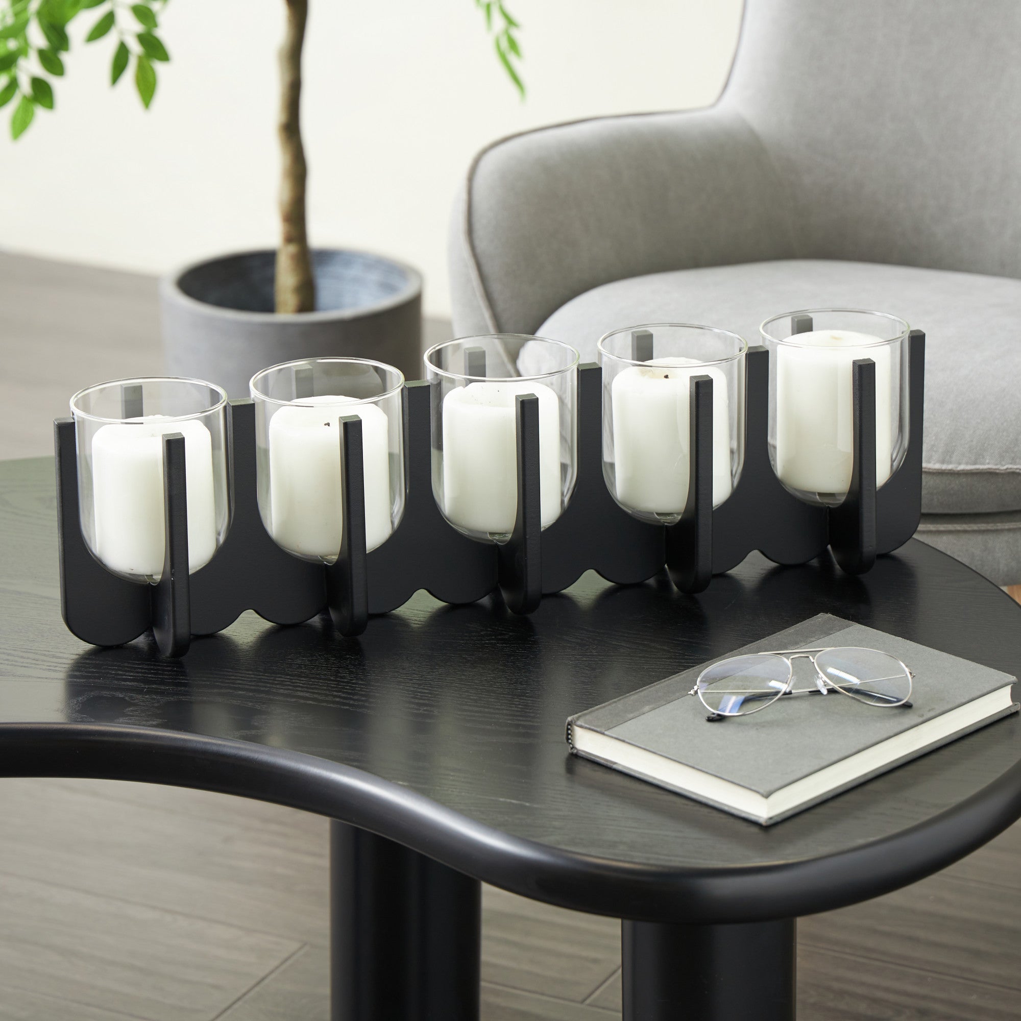Black Wood Hurricane Decorative Candle Holder
