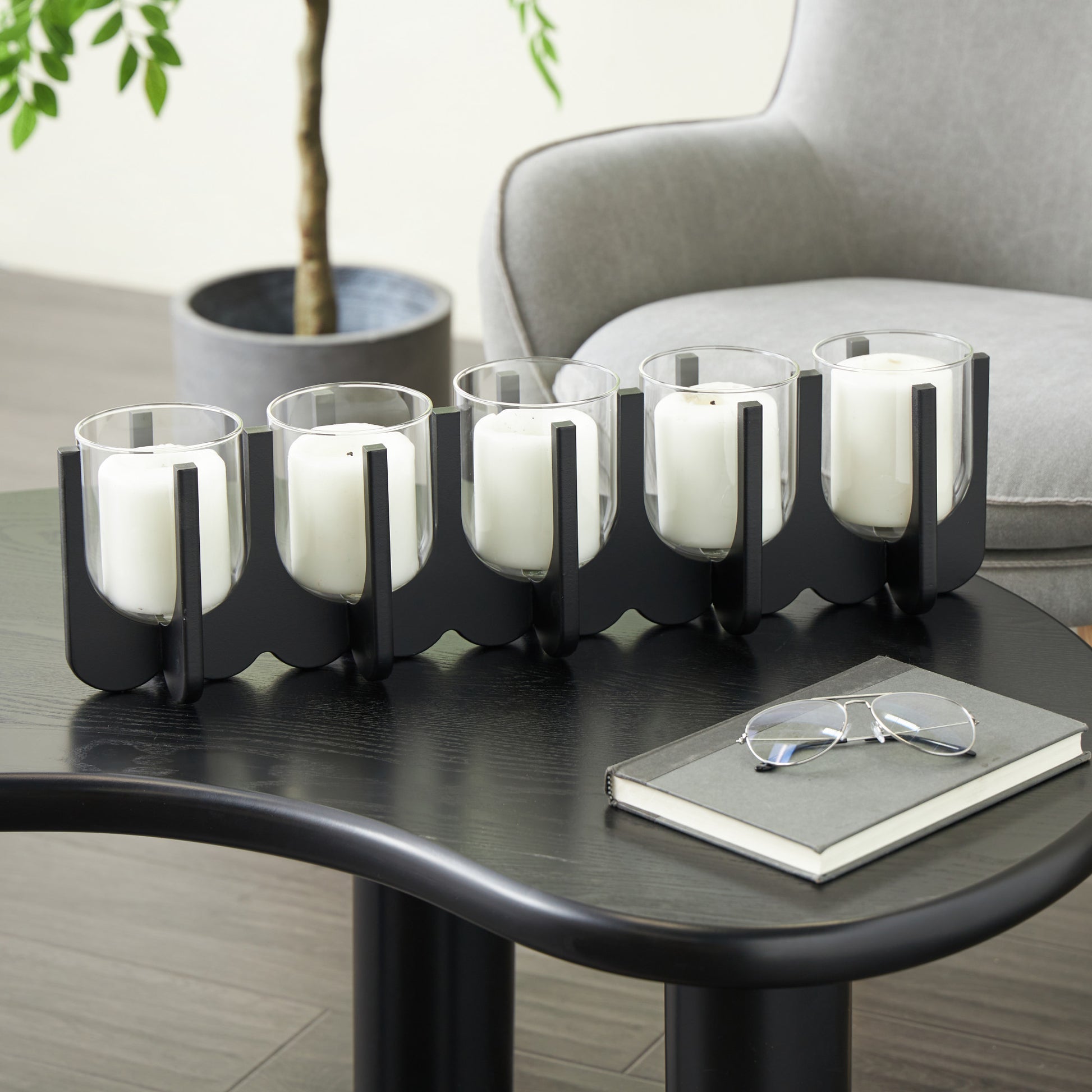 Black Wood Hurricane Decorative Candle Holder