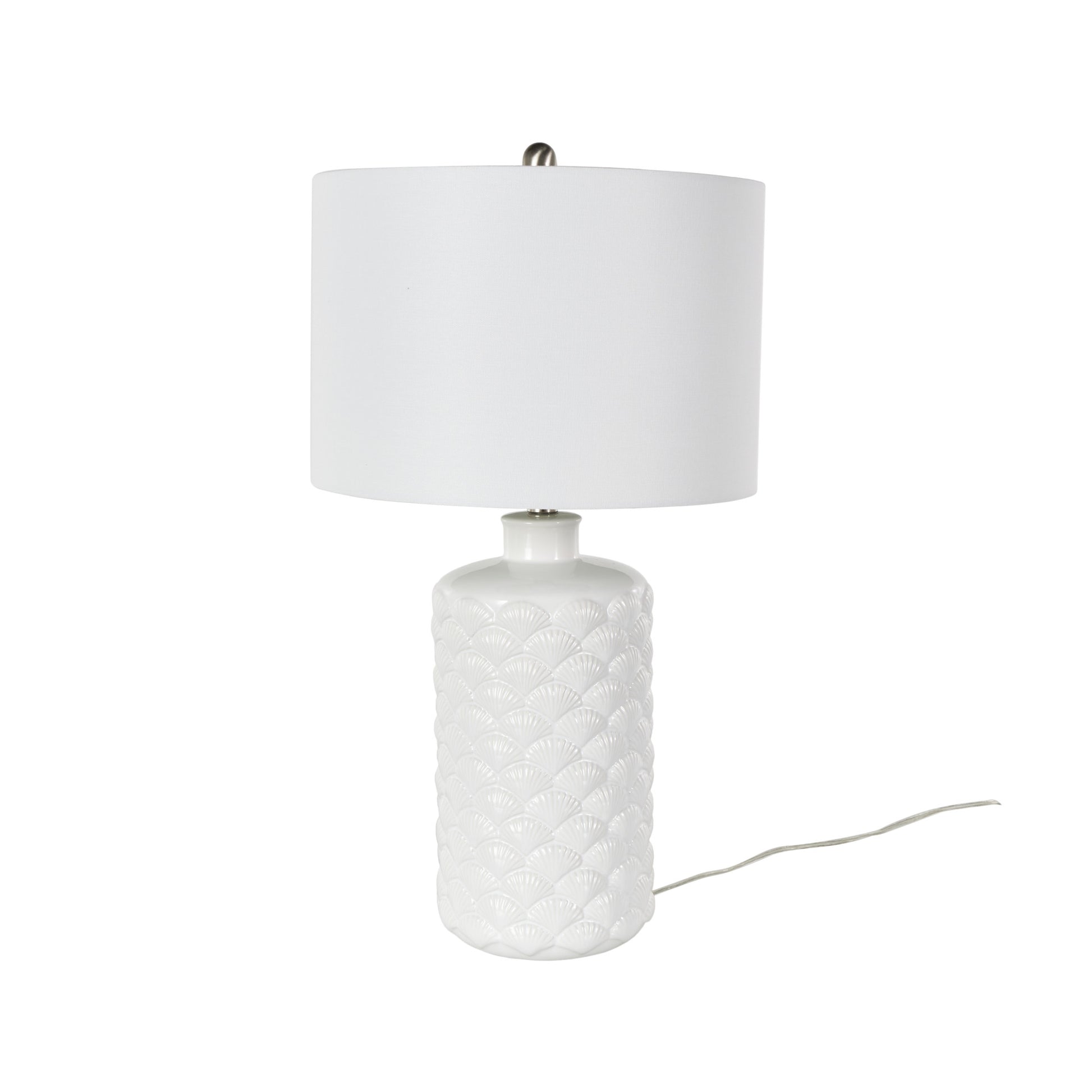 Shell White Ceramic Embedded Room Table Lamp with Drum Linen Shade