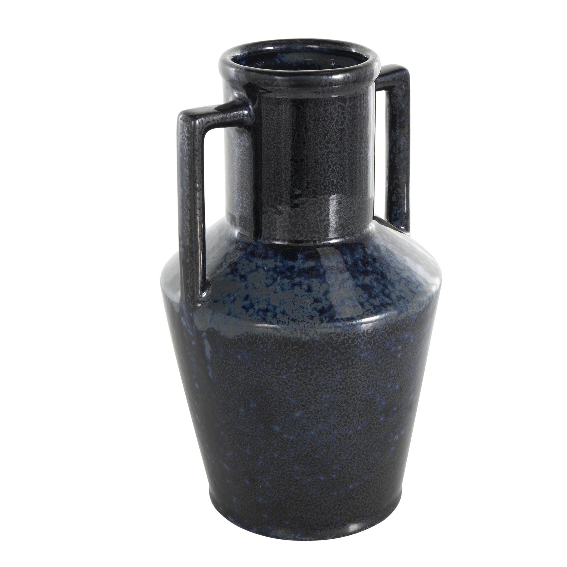 Dark Blue Ceramic Ombre Textured Decorative Vase with Rectangular Handles