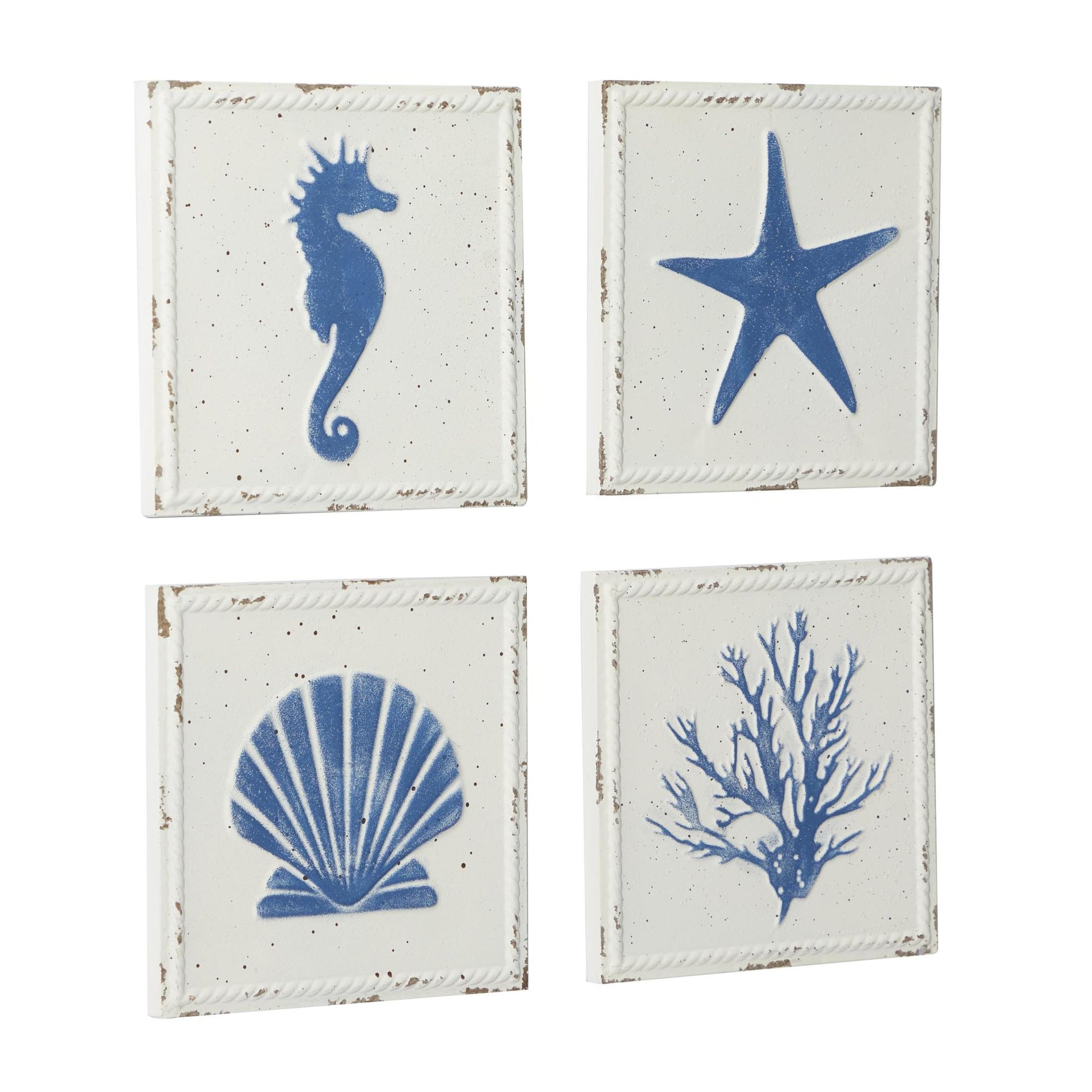 Set of 4 Sea Horse Metal Speckled Home Wall Decor with Starfish, Shell, and Coral Designs Set of 4 12"W, 12"H